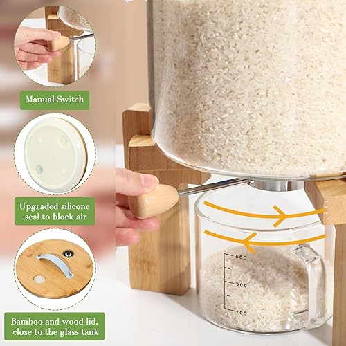 Miniatura 7 de Zhehao Dispensador de arroz de vidrio de 5 l, contenedor de almacenamiento de arroz de cereales de harina, soporte creativo para cereales con