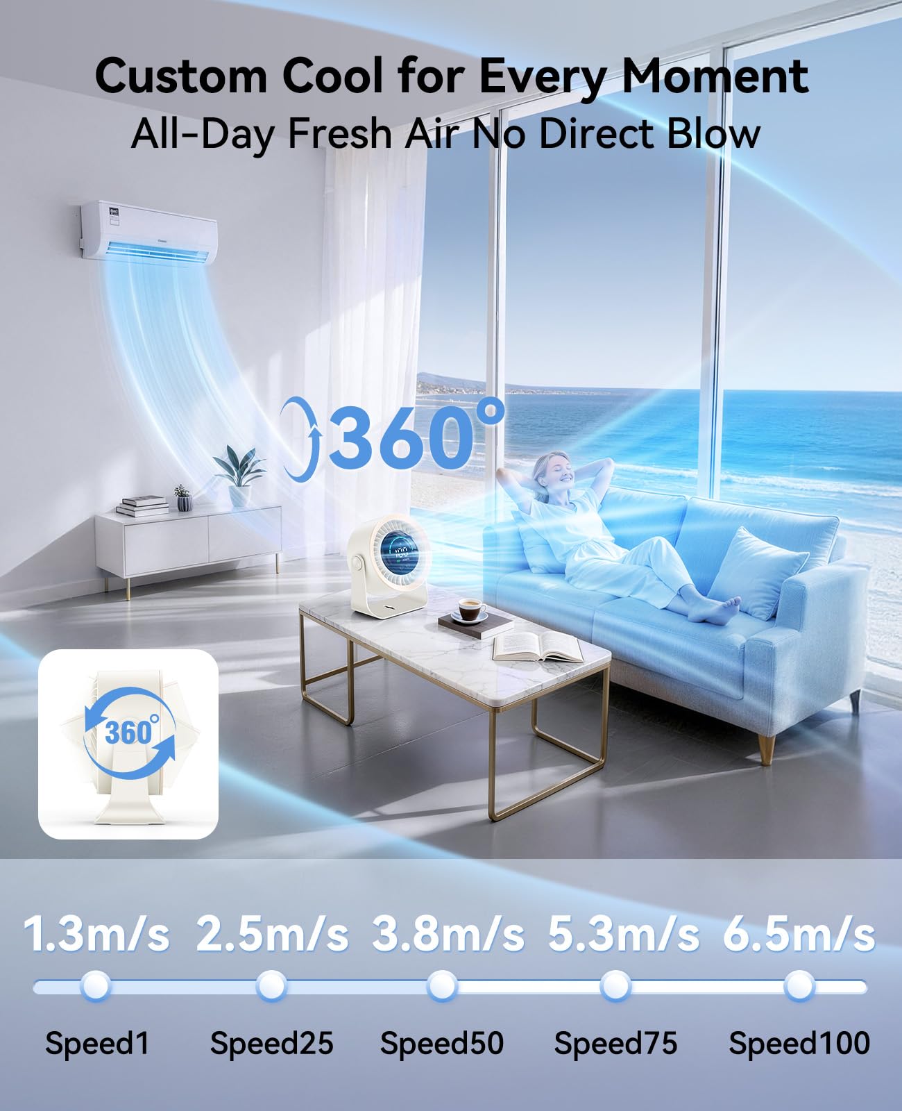DIGIX Ventilateur de bureau USB rechargeable, 100 vitesses, jusqu'à 17 heures d'autonomie, écran LED intelligent, petit ventilateur de bureau ultra silencieux, ventilateur de table pour chambre à