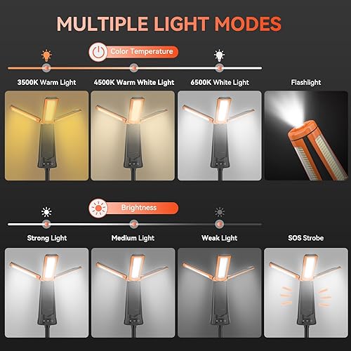 Miniatura 4 de Luz de campamento recargable de 15000 mAh con soporte, luz de trabajo inalámbrica con 3 cabezales de lámpara LED, 5500 lúmenes regulables, linterna