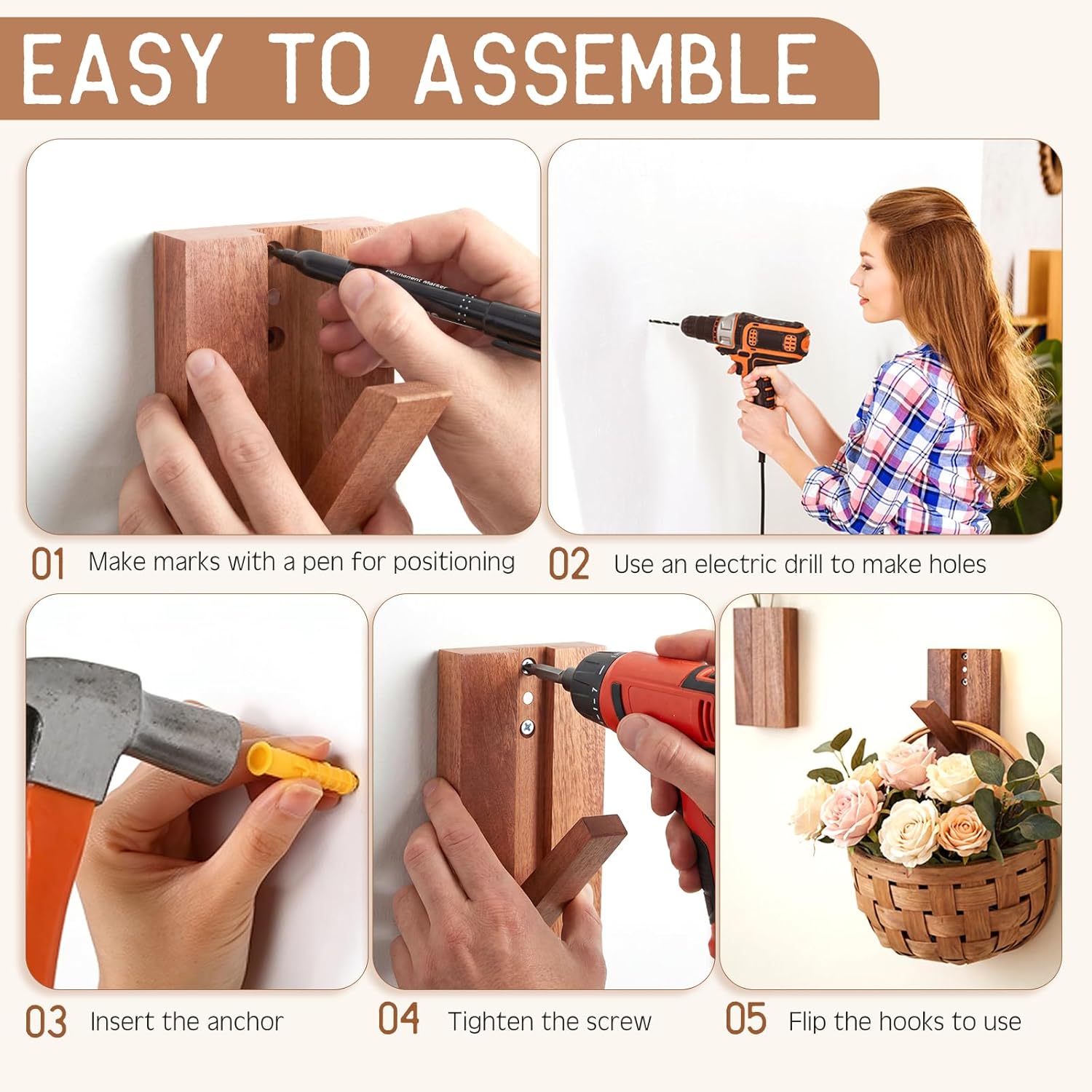 Novabright 6 Pack Foldable Wood Wall Hooks Light Sapele Coat Hooks with Screws & Nail-free Glue for Hanging Hat Backpack Bag Jacket Farmhouse Wall Decorative Bathroom, Bedroom, Kitchen, Entryway Decor