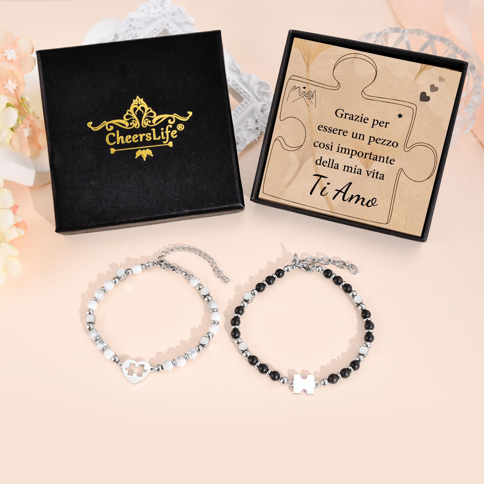 CheersLife Idee Regalo Donna Uomo Natale, Regalo Anniversario San Valentino per Lui Lei, Bracciale Puzzle Amore Romantico Regalo Compleanno per Fidanzata Fidanzato Marito Moglie Coppia Sorella Amica