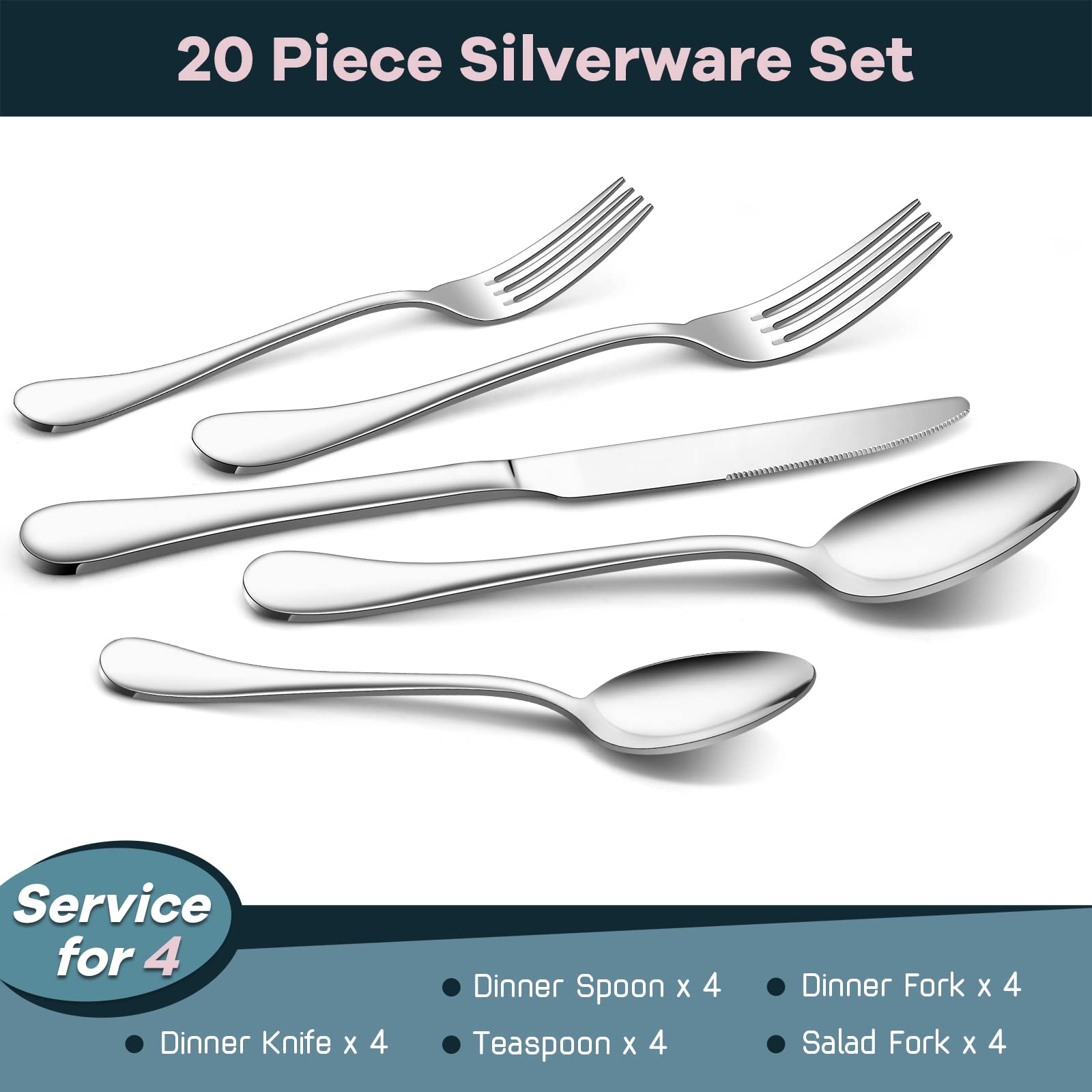 18/10 Stainless Steel Flatware Silverware Set for 4, E-far 20-Piece Cutlery Metal Eating Utensil Tableware Forks and Spoon Sets for Restaurant Wedding - Simple Fancy Style & Dishwasher Safe