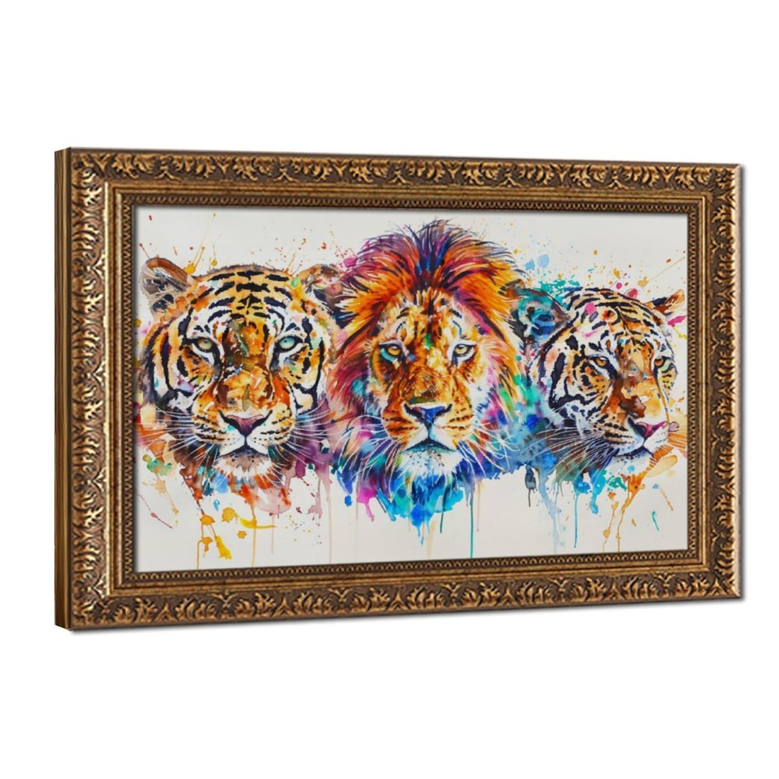 Pyberon Retro Gold Frame-Style Lions, Tigers, And Leopards Canvas Poster For Bedroom Decor Gift