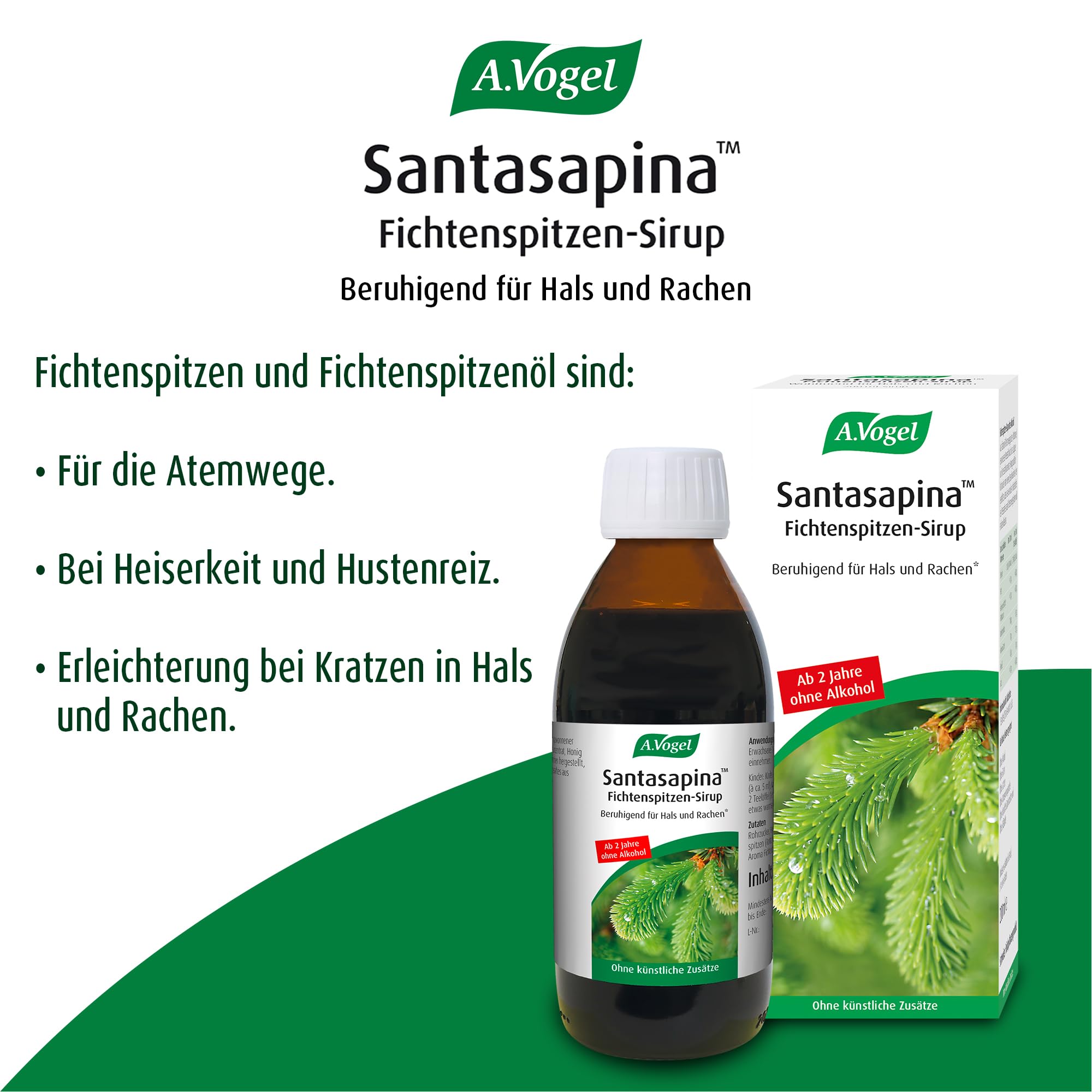 A.Vogel Santasapina Fichtenspitzen Sirup 6 x 200 ml, beruhigend für Hals und Rachen, ohne Alkohol und Zuckerzusätze, für Erwachsene und Kinder ab 2 Jahren