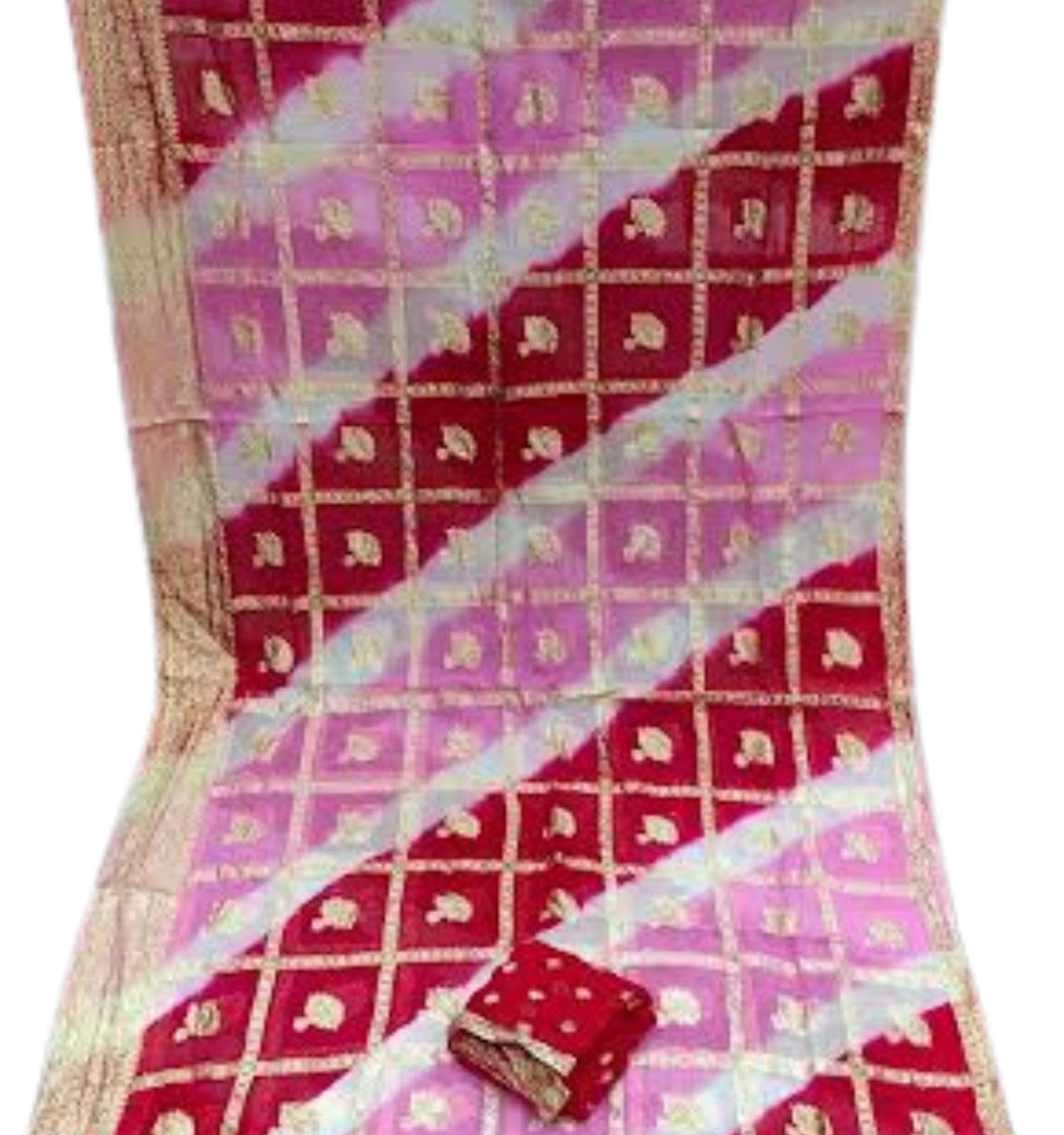 Pure Georgette Jaipuri Batik Lehriya Saree with Zari Checks Chit Pallu Traditional Rajasthani Printed Saree with Contrast Blouse (D-Pink & L-Pink)-picture-10