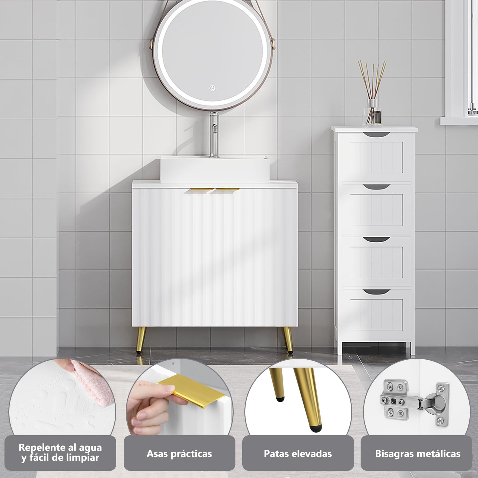 eSituro Mueble Bajo Lavabo, Armario de Baño con Recorte Sifón, Mueble Auxiliar Baño con Puertas Onduladas y Asas Doradas, Patas de Metal, 60x30x62