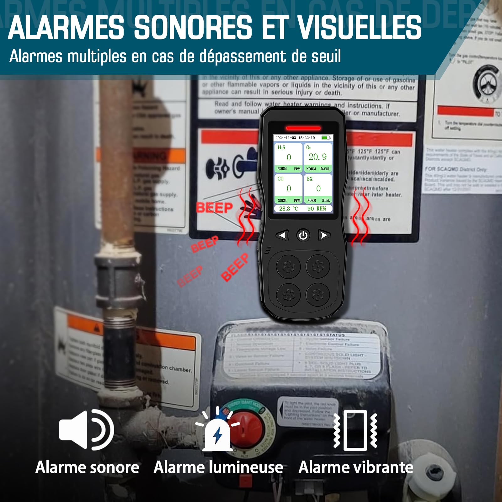 Détecteur De 4 Gaz, Moniteur 4 Gaz Rechargeable pour H2S, CO, LEL, O2 avec Alarme Sonore, Lumineuse Et Vibrante, Noir