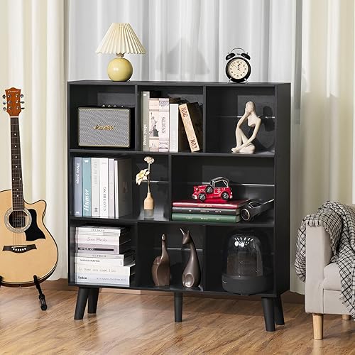 Miniatura 5 de YAHARBO Estantería de 8 cubos, estantería de 3 niveles con patas, estantería moderna negra de mediados de siglo, estante organizador de