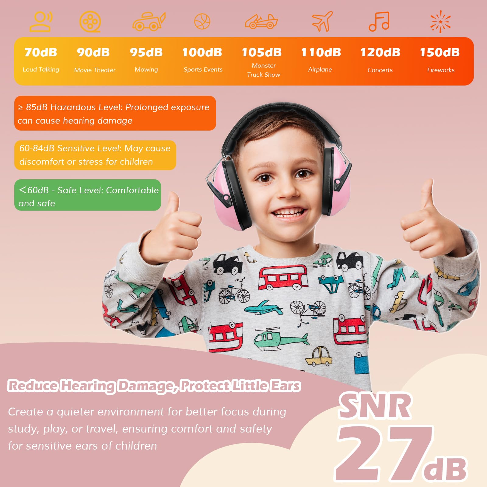 Procase Casco Antiruido para Niño, Protección Auditiva SNR 27dB con Diadema Ajustable, Protector Oído Profesional Cancelación de Ruido Insonorizacion para Estudiar para Bebé Nené Infante