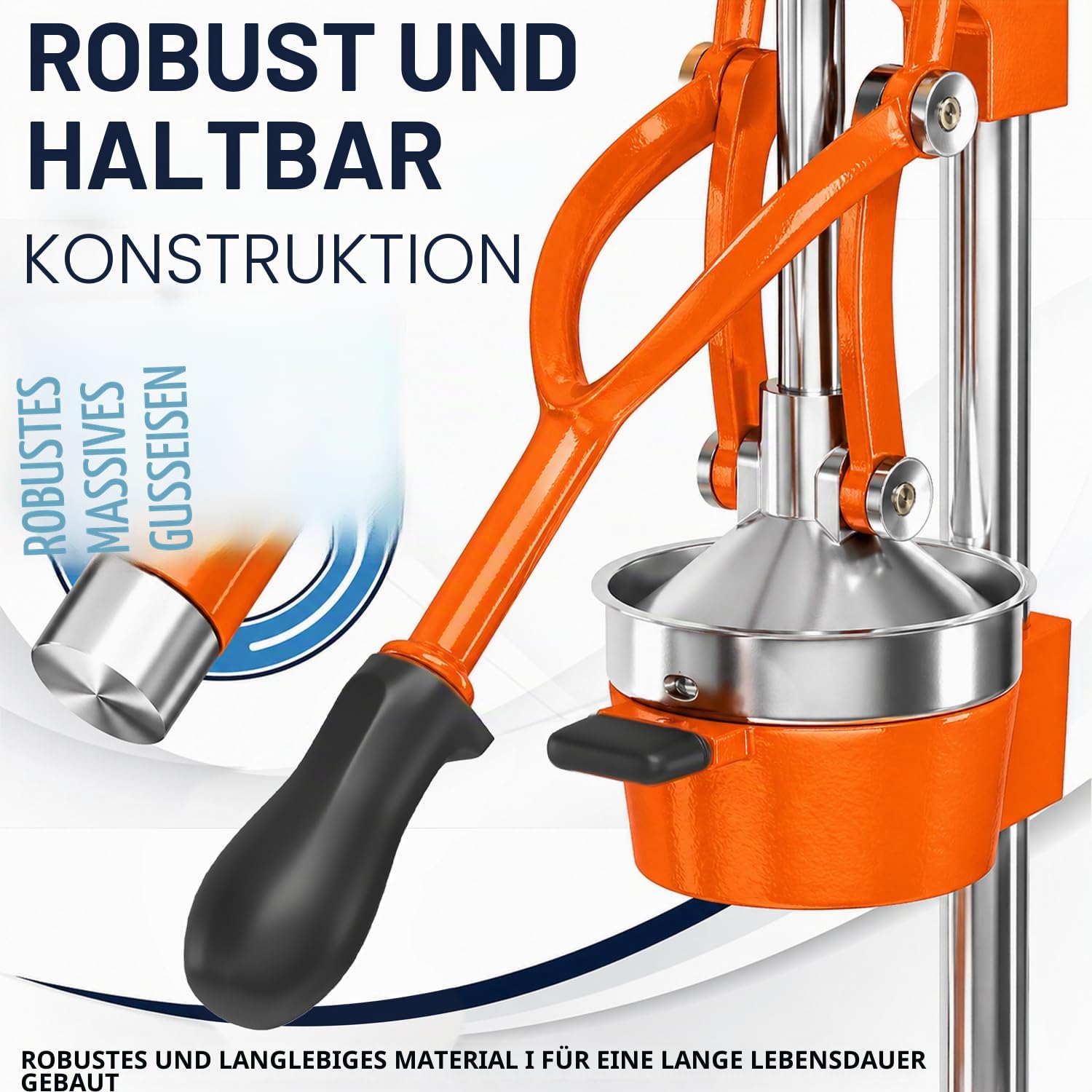 Eurolux Zitruspresse aus Gusseisen | Handelsqualität manuelle Handpresse | Arbeitsplattenpresse für frischen Fruchtsaft (Bonus Edelstahlbecher) (Orange)