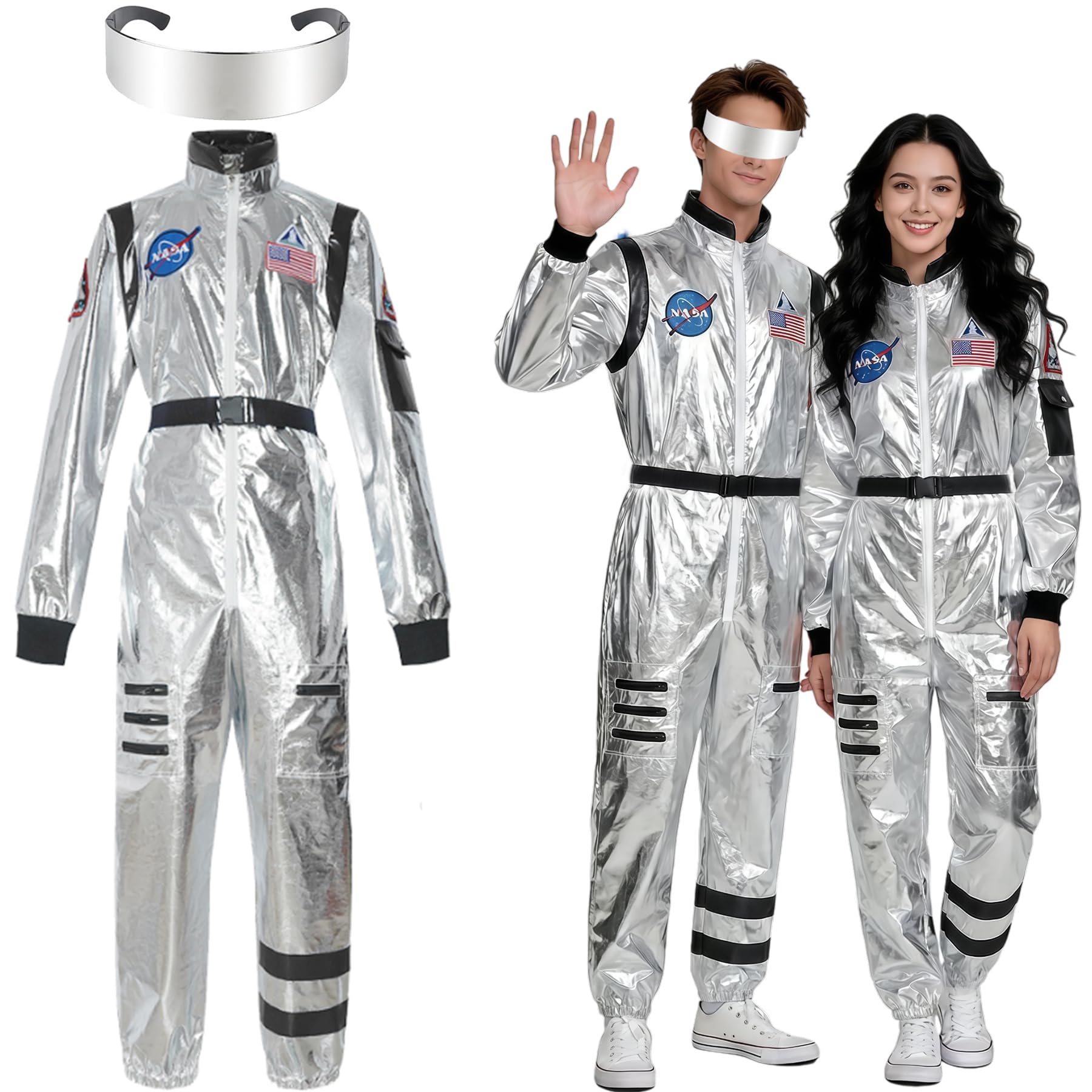 Astronaut Kostüm,Silber Weltraum Astronauten Kostüm,Astronautenoverall,Astronautenkostüm Erwachsene,Overall Unisex Weltall Kostüm,für Cosplay Karneval Faschings Halloween