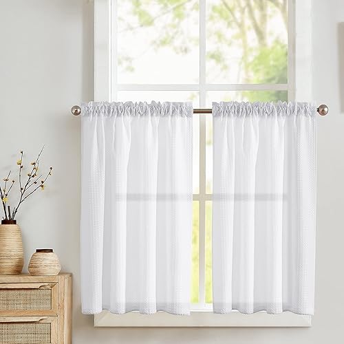 Lazzzy Cortinas de cenefa de cocina con textura de gofre blanco, juego de cortinas para ventana de baño, cortina para sala de estar, dormitorio,