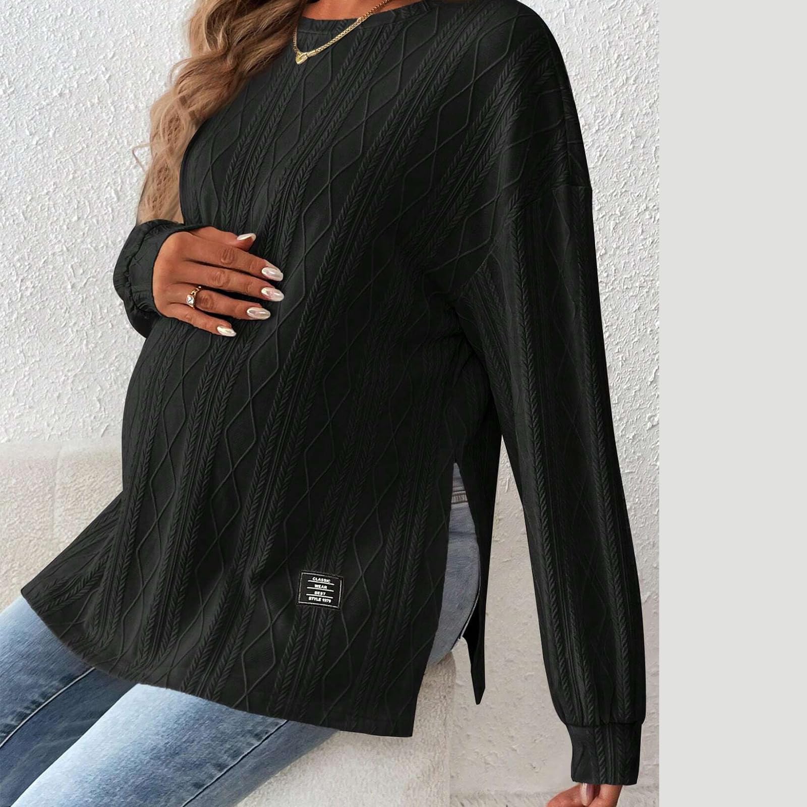 Bequemes, elastisches Schwangerschafts-Top für Freizeit- und Büro-Outfits, modisches Hemd, klassisch, Mutterschaft, Langarm-T-Shirt, Damen, T-Shirt, Polyester
