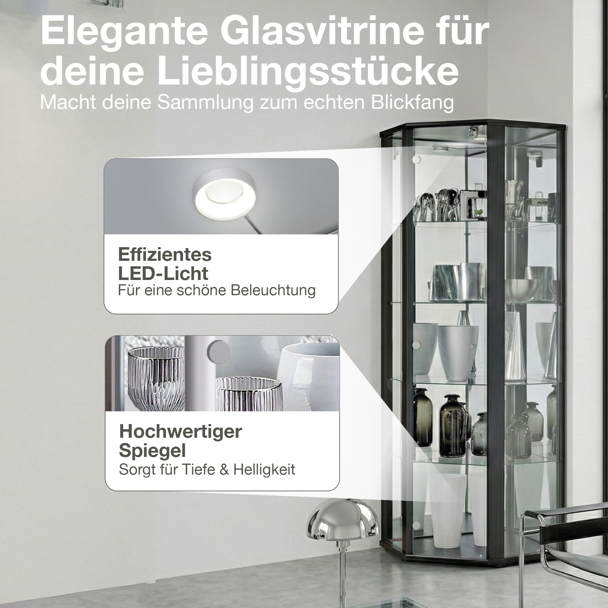 Eckvitrine in Schwarz (176x56,5x56,5 cm) mit 4 Glasböden, Schloss, Spiegel & LED - Modellauto Vitrine Schwarz - Vitrinenschrank Holzoptik - Sammlervitrine - Wohnzimmerschrank Glasvitrine