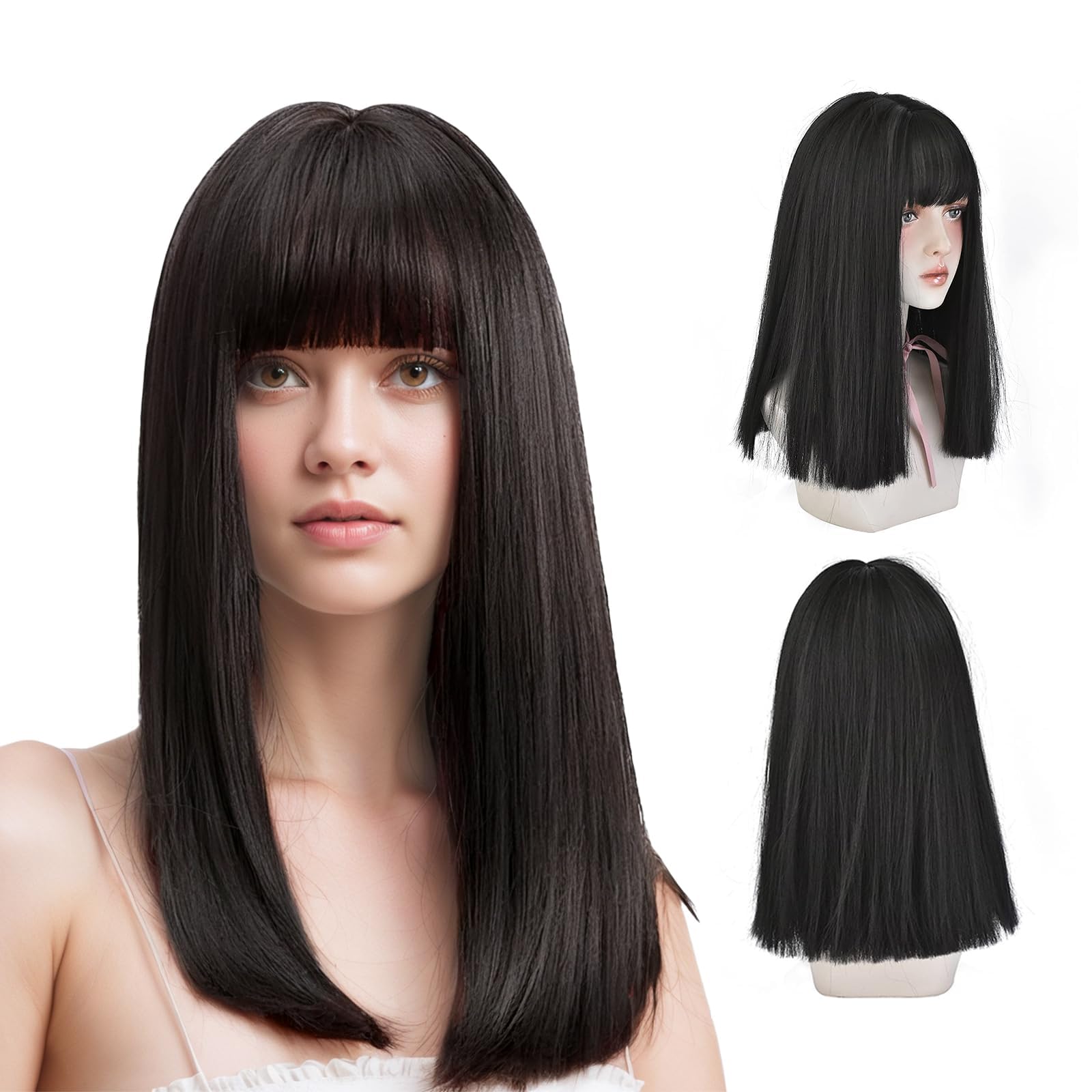 Black Bob Wig with Fringe,21 Inch Long Black Straight Bob Flat Bangs Wigs for Women,Heat Resistant Synthetic Hair Wigs Hairpieces for Ladies Cosplay Party Fancy Dress Daily Use