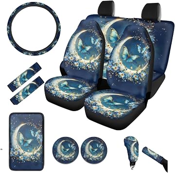 BIGCARJOB 12 Pieces Butterfly Print Car Seat Cover Sets Full Set for Women Auto Interior Accessories Cute Butterfly Print Moon Star Steering Wheel Cover,Car Handbrake Cover for Car SUV Truckr