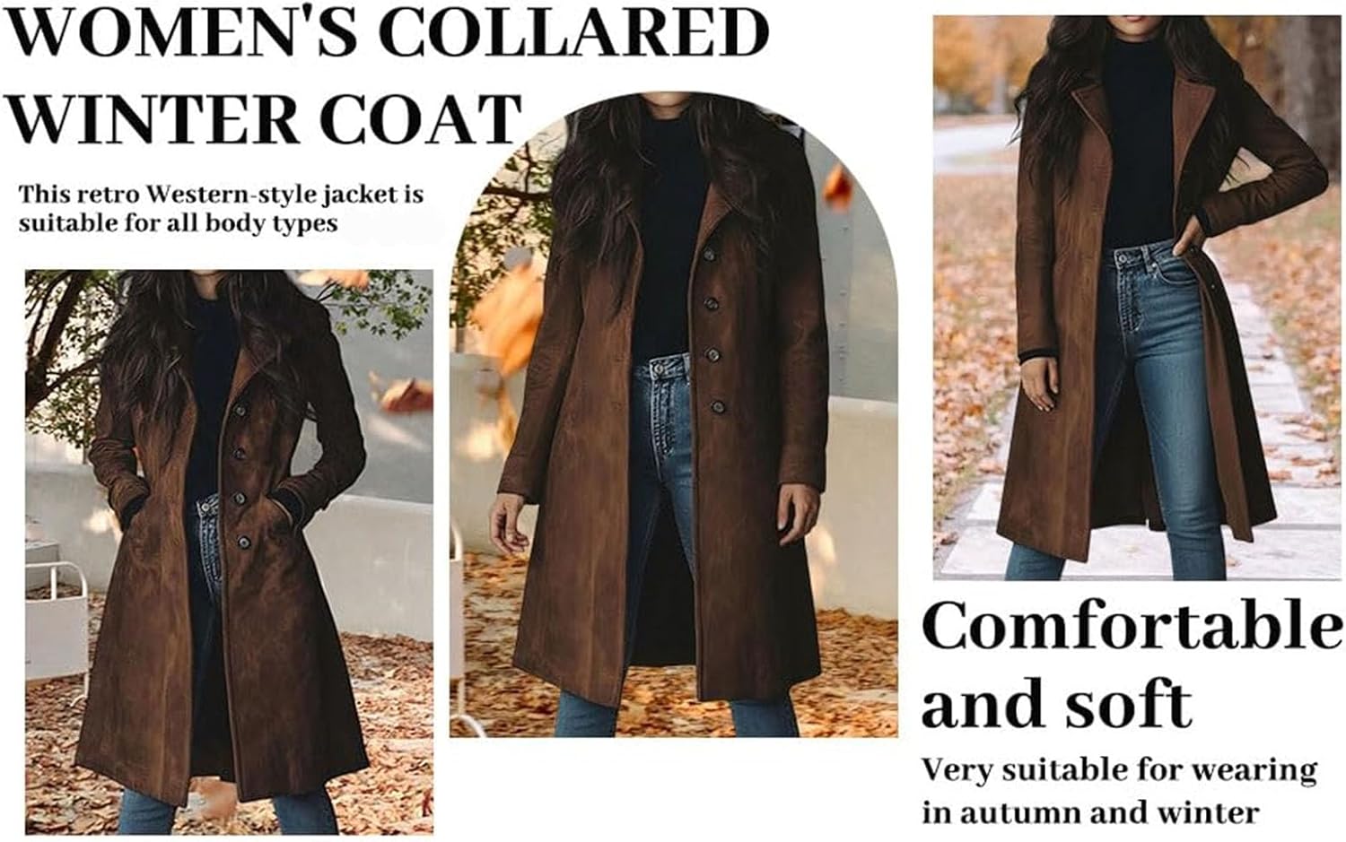 Womens Faux Suede Jacket Lapel Single Breasted Long Trench Coat Midi Long Slim Blazer Jacket Coat Fall Winter Pea Coats