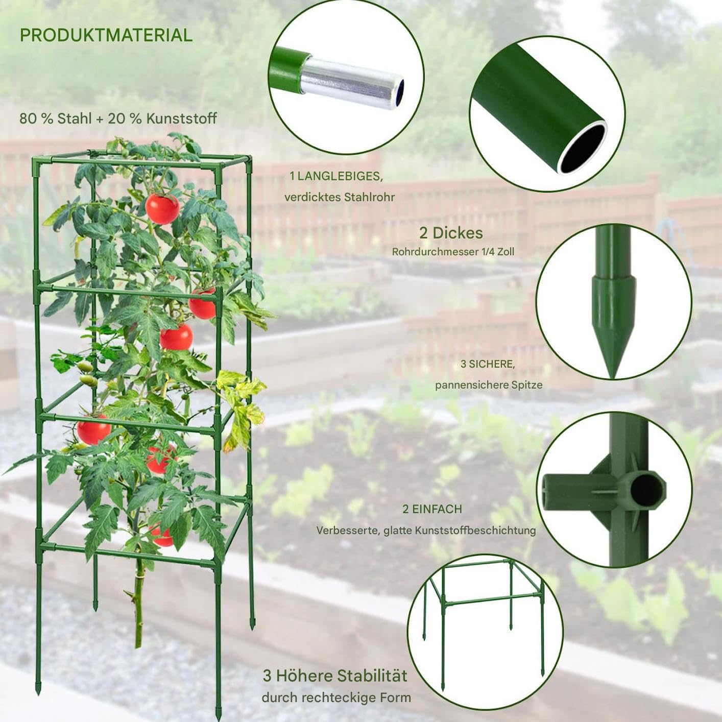 Entutorado para Tomates Soporte Cuadrado Ajustable en Altura de 3 Piezas | Tutor de Plantas Resistente para Judías Pepinos Verduras Rosas Peonías Macetas Bancal Elevado Jardín Patio Césped