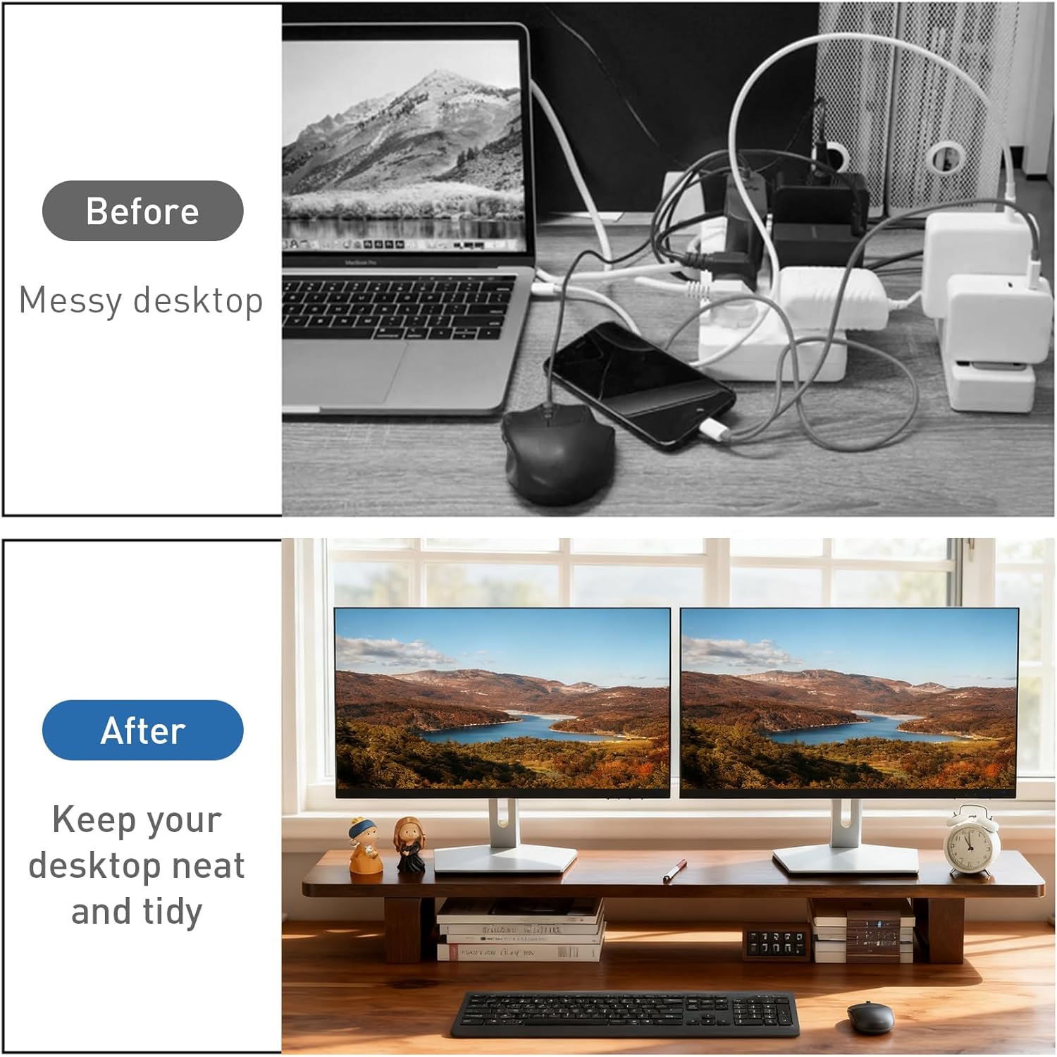 Dual Monitor Stand Riser, 47Inch Solid Wood Desktop Organizer with Non-Slip Pads, Holder for 2 Monitors, Laptops, TV, PC, Printer, Walnut Finish