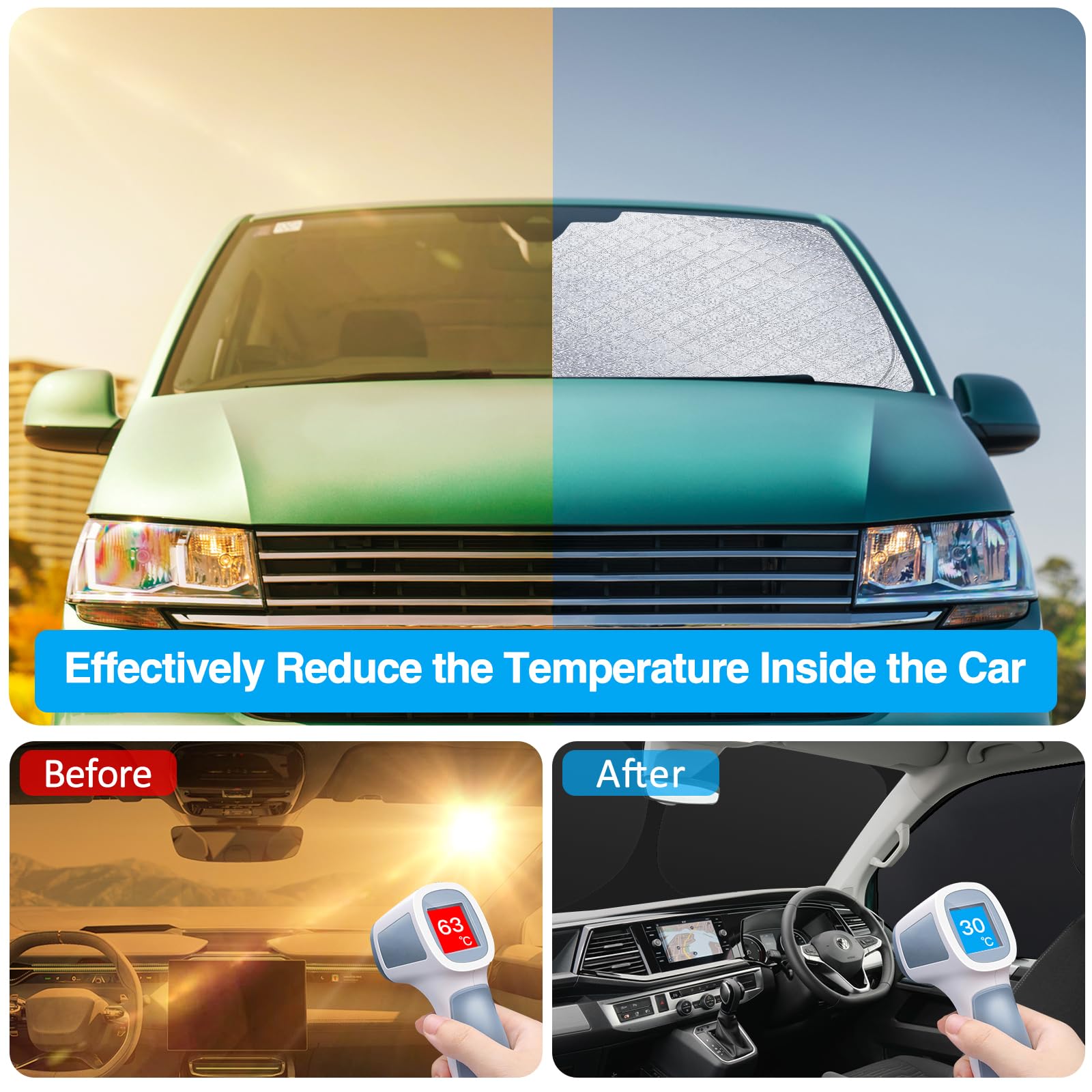 ZATOOTO Sonnenschutz Auto Frontscheibe passend für VW T5 T6, 3PCS Thermomatte Fahrerhaus, Auto Sonnenblende Frontscheibenabdeckung, Windschutzscheiben Innen Verdunkelung, UV-Schutz, Faltbare