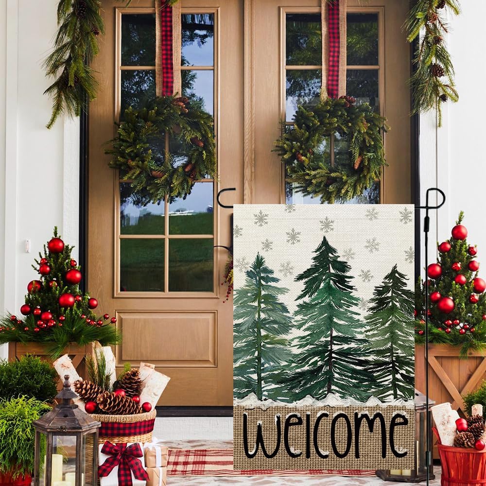 CROWNED BEAUTY Christmas Winter Garden Flag 12x18 Inch Double Sided for Outside Snowflakes Pine Trees Welcome Small Yard Decoration - Image 2