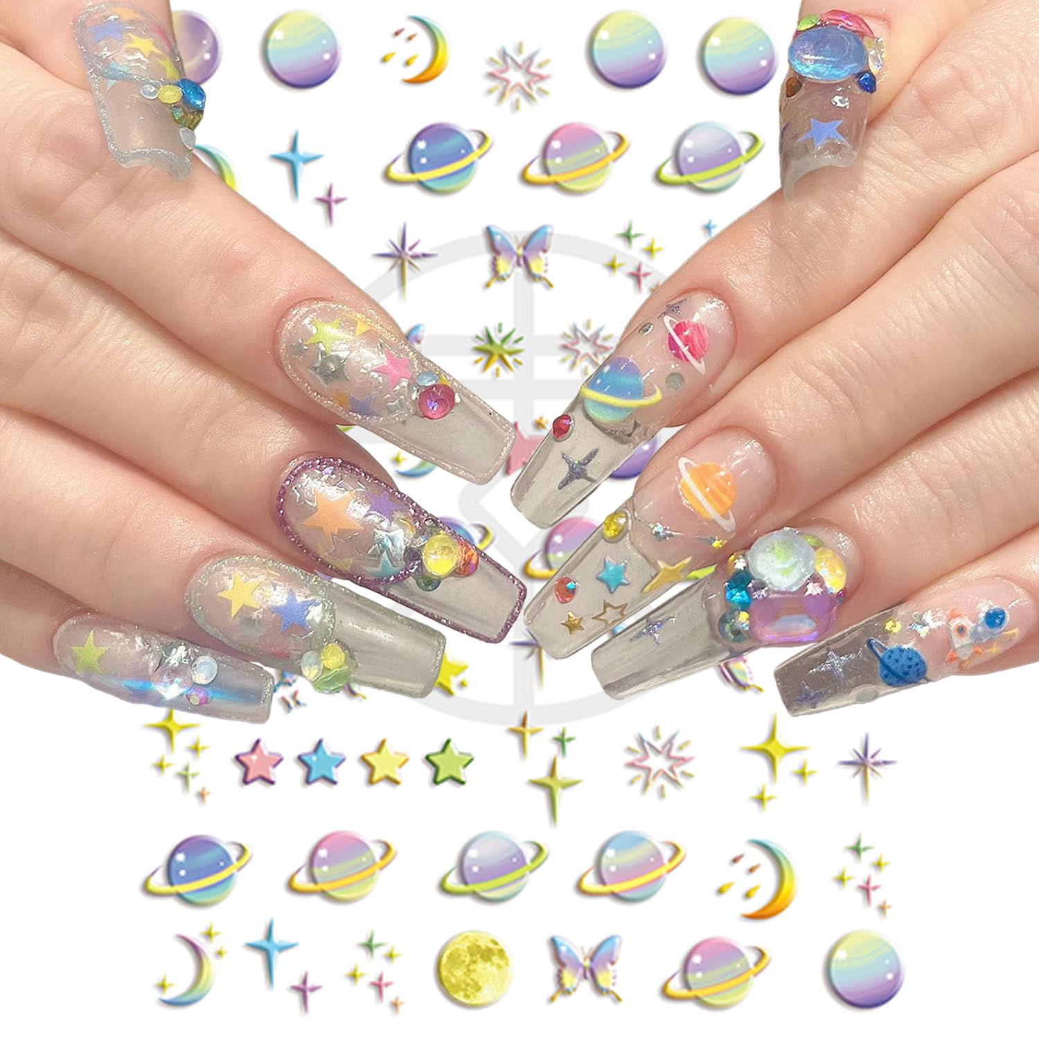 5D Engraved Galaxy Stickers for Nails Gradient Colorful Space Planet Butterfly Design Decals Macarone Charm Moon Star Nail Art Stickers Decals