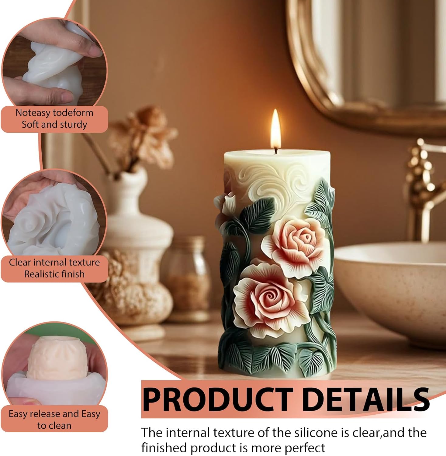 4 PCS Pillar Flower Candle Molds for Candle Making, Resin Casting Silicone Molds for Epoxy Resin Craft & DIY Soap, Perfect for Wedding Home Decor Handmade Gifts