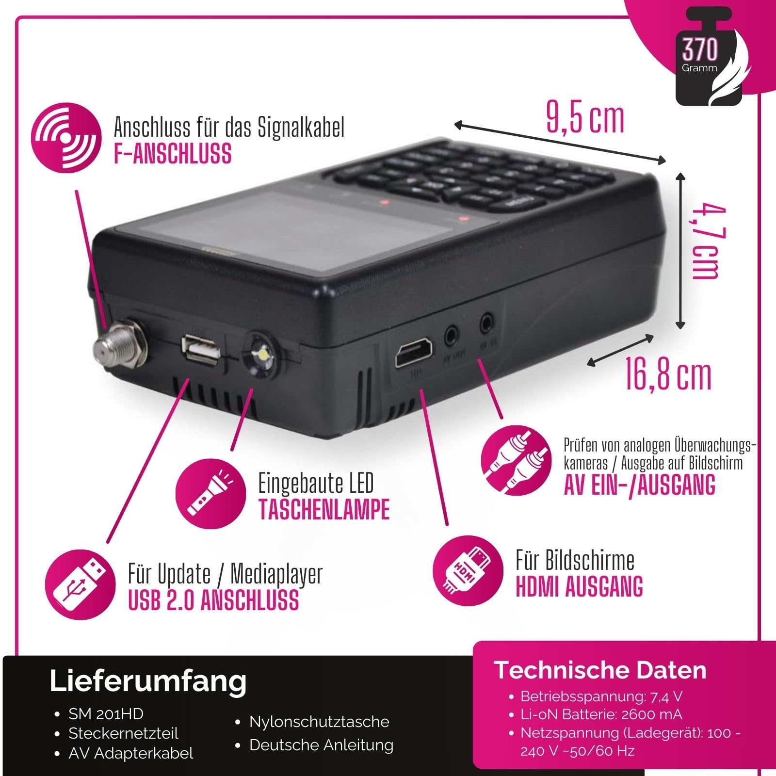 Summit SM 201HD Satelliten Messgerät I Sat Finder für DVB-S/S2 I Digital | digitales Messgerät mit 3,5" TFT LCD Display & Tonsignal I inkl. Steckernetzteil, AV-Adapterkabel & Nylonschutztasche