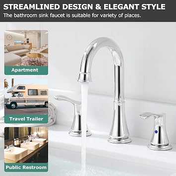 PARLOS Chrome Widespread Bathroom Sink Faucet 8 Inch for Vanity | with All Metal Pop Up Drain, High Arc 2 Handle Lead-Free Deck Mount Bathroom Faucet for 3 Hole Lavatory Utility Sink