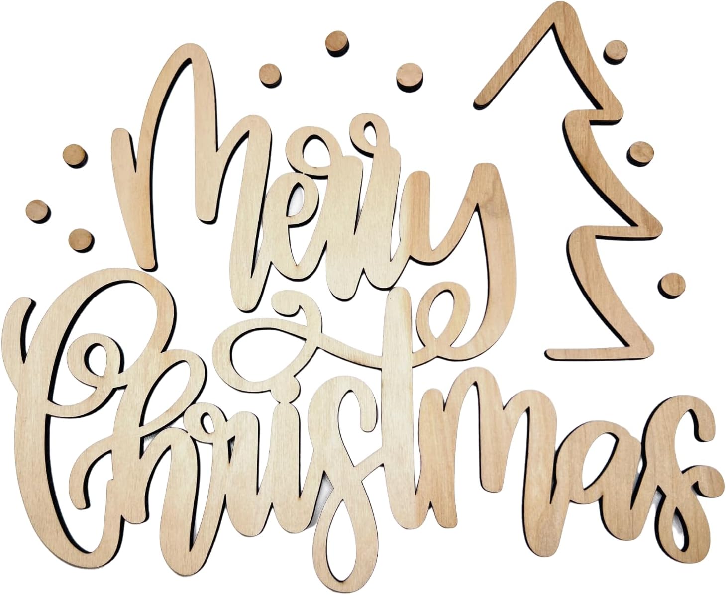 1/4" Birch Wood Merry Christmas with Tree and Snow Wood Words Cutout | Merry Christmas Wood | Christmas Wreath | Christmas Door Hanger | Wood Shapes | 20"