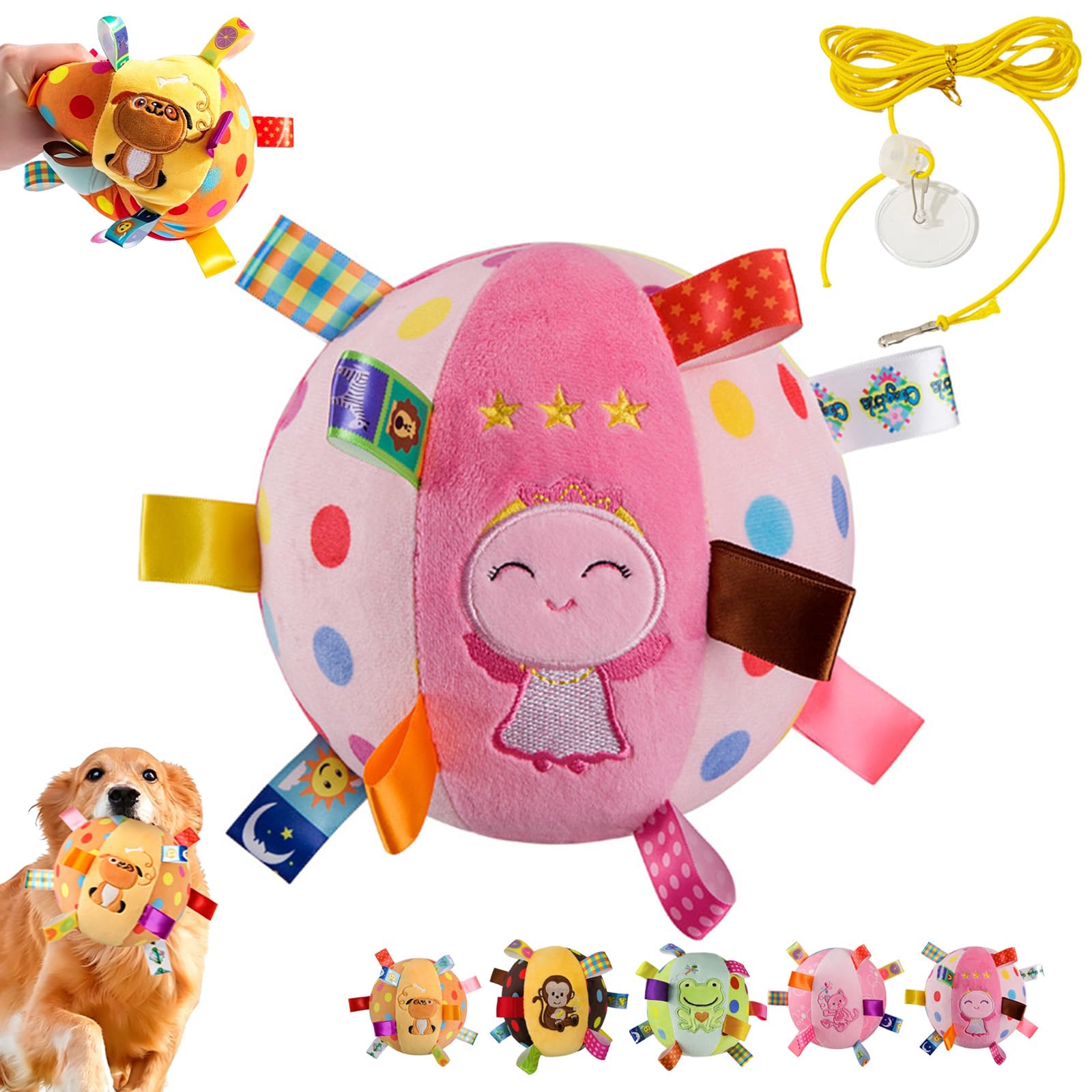 Colorful Squeaky Hanging Dog Training Toy, 6-Inch Squeaky Hanging Dog Toy, Soft Stuffed Ball with Cotton Material, Built-in Bell, Interactive Tug Chew Toys for Small Medium Dogs Indoor Play (D-1)