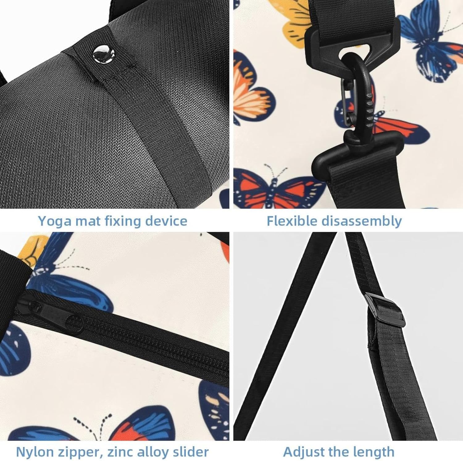Yoga Mat Bag, Gym Workout Bag with Shoe Compartment, Butterflies Pilates Bag for Women, Quick Access Storage Yoga Tote Bag for Sports Travel Office