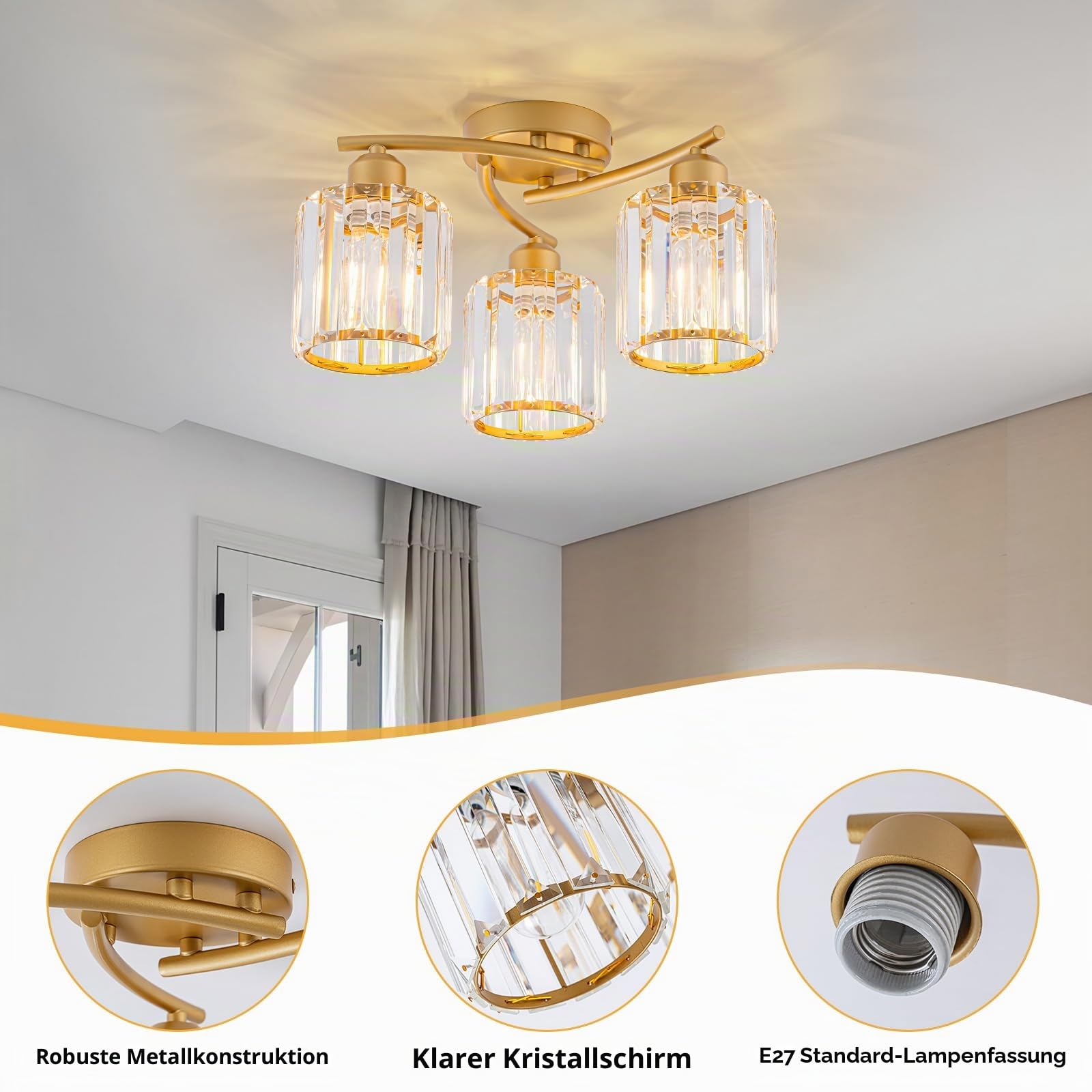 Deckenleuchte Kristall, 3 FlammigDeckenlampe mit Glas Lampenschirm, Gold