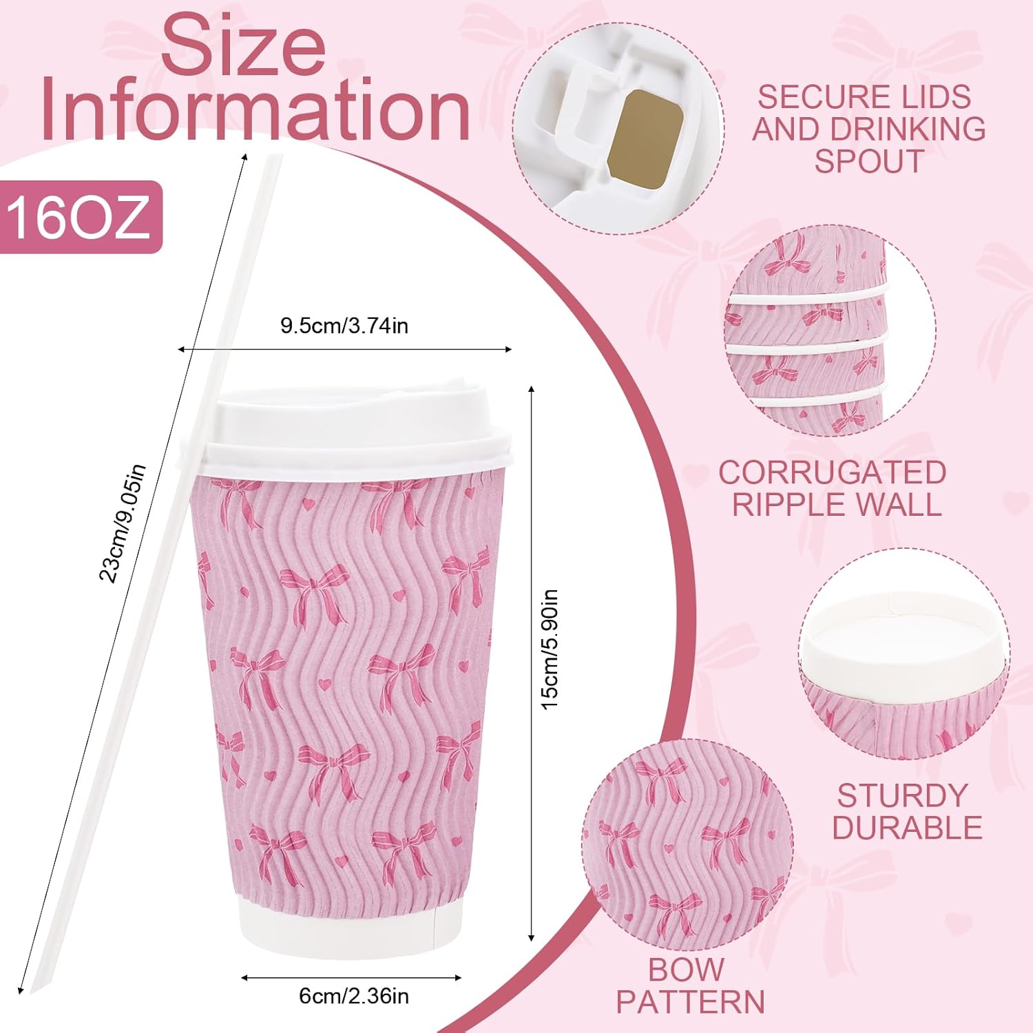 50 Set 16 Oz Pink Bow Disposable Coffee Cups with Lids and Straws Coquette Bowknot Corrugated Paper Drinking Cups for Hot Cold Drinks Birthday Baby Shower Bachelorette Party Supplies - Image 2