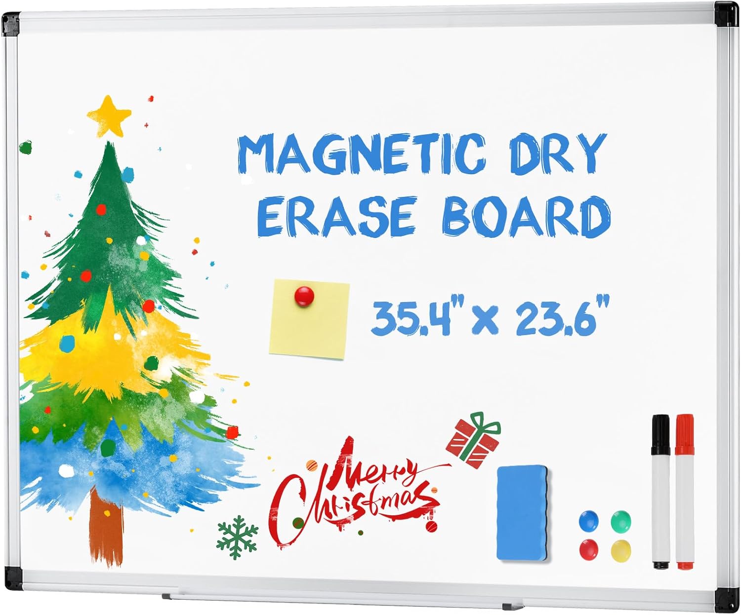 DUMOS Magnetic White Board Kit for Wall 36" x 24", Dry Erase Board with 1 Dry Eraser &amp; 2 Multicolor Markers &amp; 4 Magnetic Pins, Silver Reinforced Aluminum Frame for Home, School, Offi