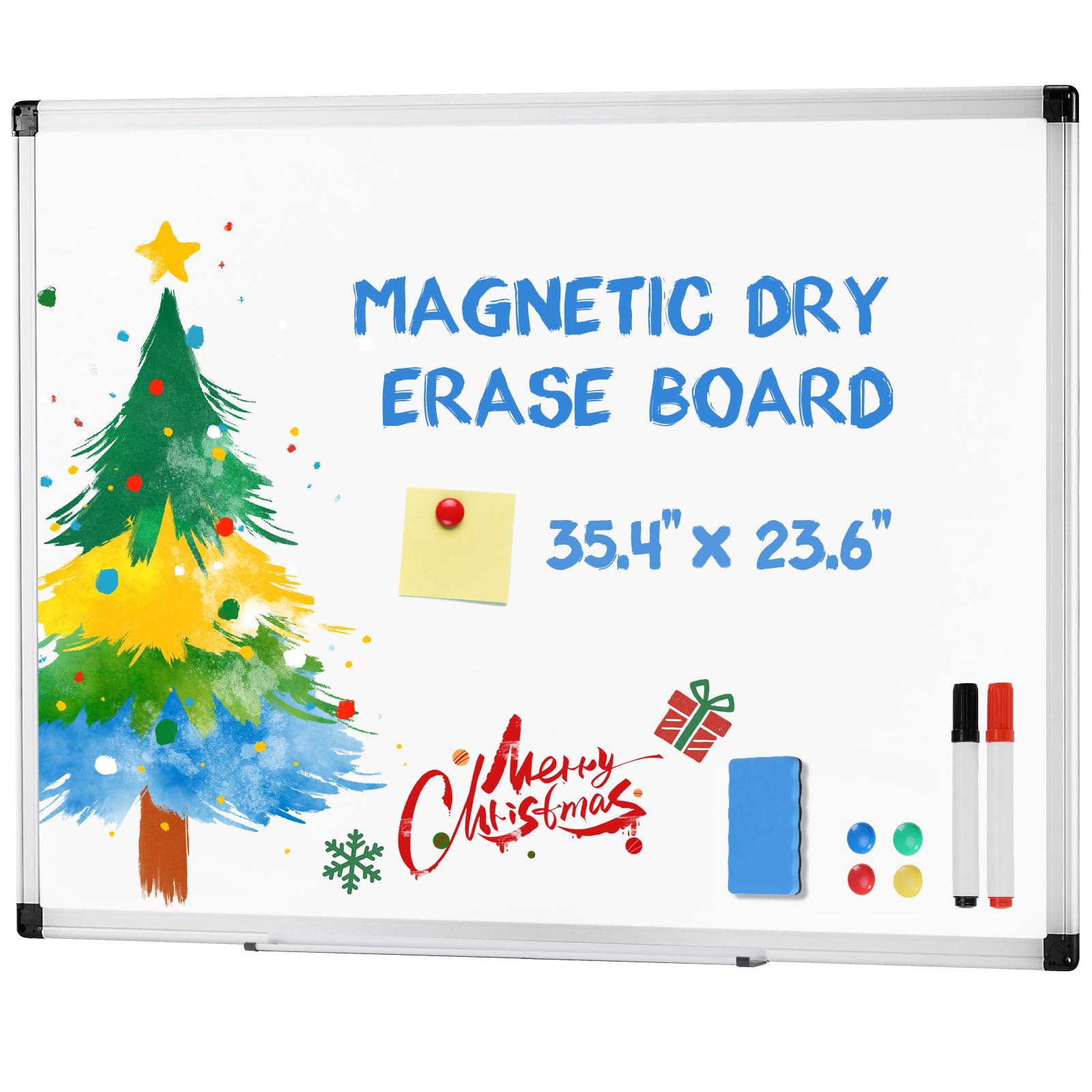 DUMOS Magnetic White Board Kit for Wall 36" x 24", Dry Erase Board with 1 Dry Eraser & 2 Multicolor Markers & 4 Magnetic Pins, Silver Reinforced Aluminum Frame for Home, School, Office