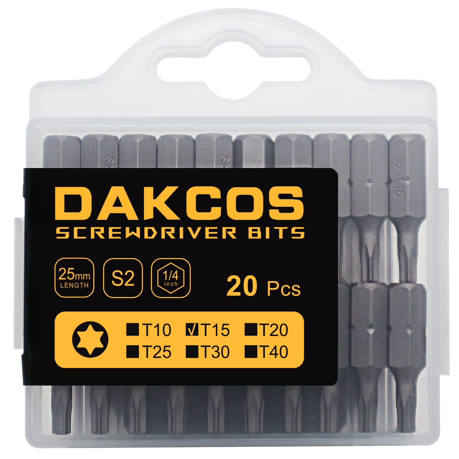 DAKCOS T15 Torx Bit, 20PCS Impact Driver Bits, 1/4" Screwdriver Bit Sets, Premium S2 Alloy Steel Bits, 25mm Long