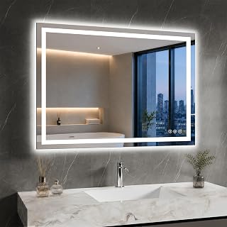 XRAMFY Badspiegel mit Beleuchtung 70x90cm mit Anti-Beschlag, IP65 Wassergeschützt, Spiegel mit Beleuchtung Dimmbar mit 3 Lichtfarben