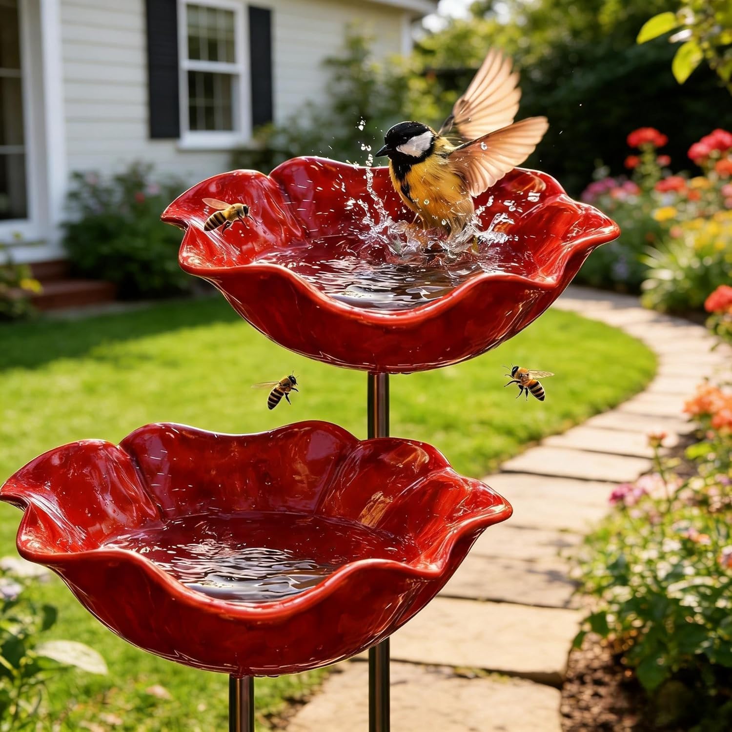 Handmade Metal Flower Garden Stake,Flower-Shaped Bee Watering Station,Weather Resistant Feeding Bowl with Metal Stake,Decor Outdoor Yard Art,Birdbath Bowl for Yard Lawn Patio Landscape Decor-Red*2