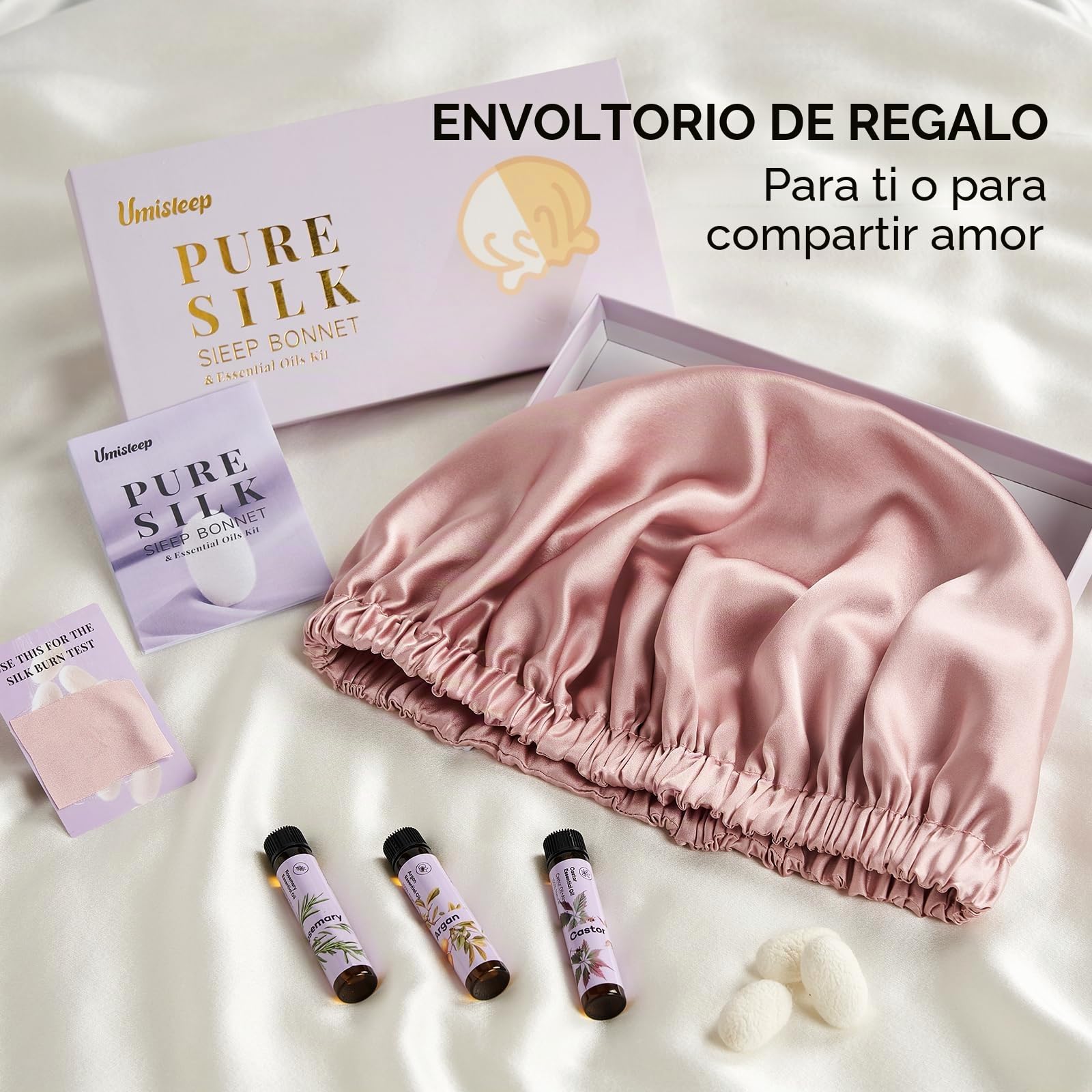 Umisleep 22 Momme Gorro de Seda para Dormir & Set de Aceite Capilar, Gorro de Noche 100% Seda de Morera, Transpirable y Ajustable, con 3 x 10 ml de Aceite Capilar Puro (Romero, Ricino y Argán)