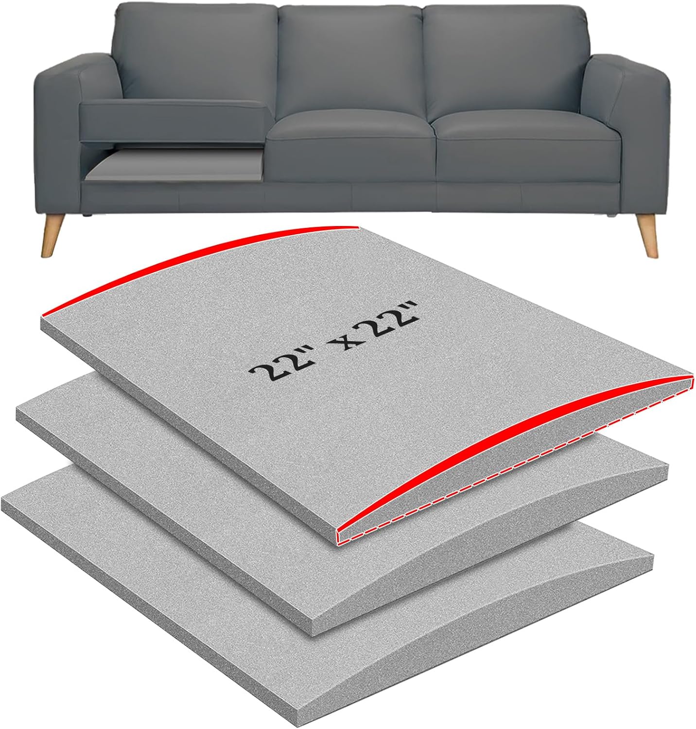 22" x 22" Couch Cushion Support for Sagging Seat, 3 PCS Large Size Insert Sofa Cushion Support Board for Better Lift, 45D High-Density Foam Couch Replacement for Furniture Seat Sagging Repair, Grey