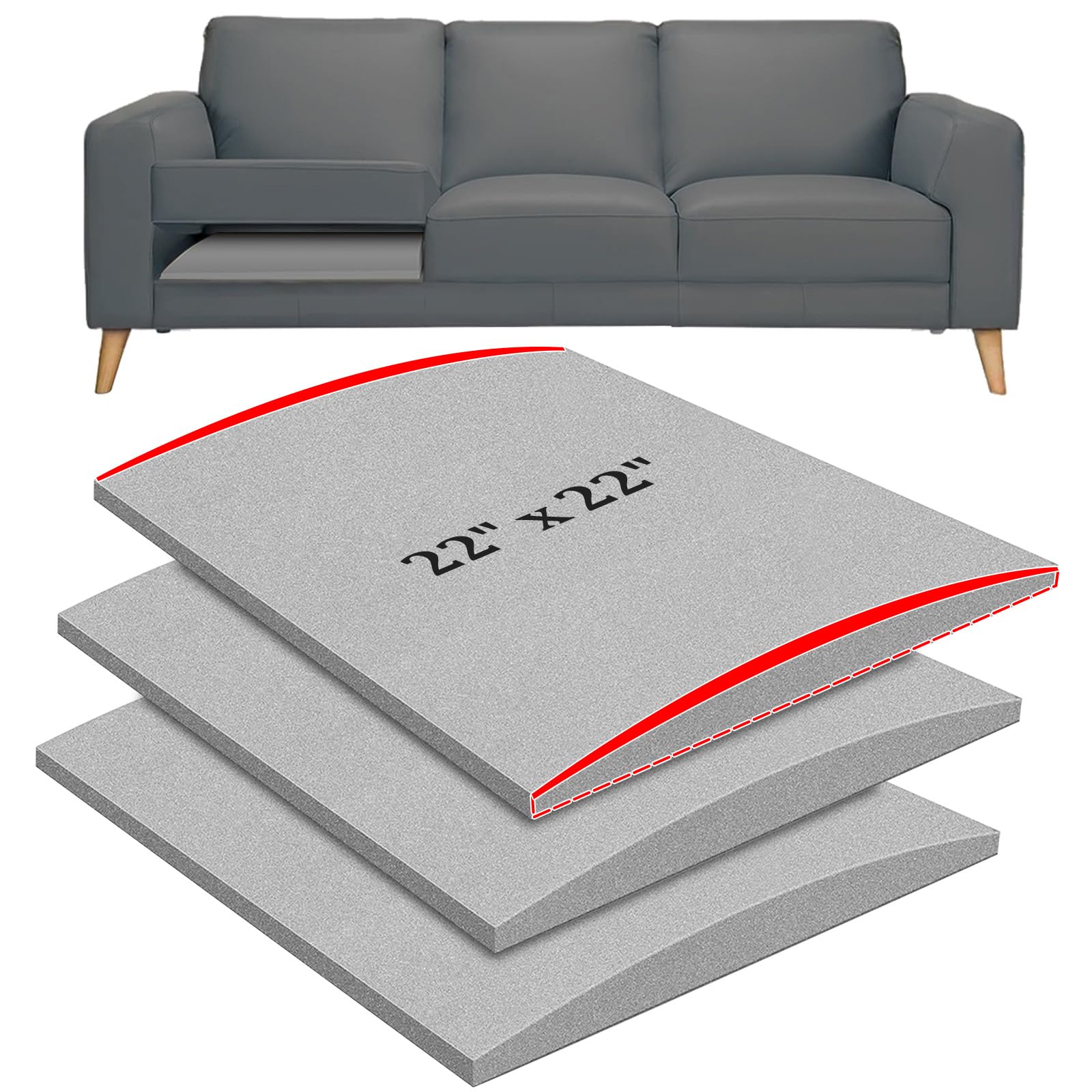 22" x 22" Couch Cushion Support for Sagging Seat, 3 PCS Large Size Insert Sofa Cushion Support Board for Better Lift, 45D High-Density Foam Couch Replacement for Furniture Seat Sagging Repair, Grey
