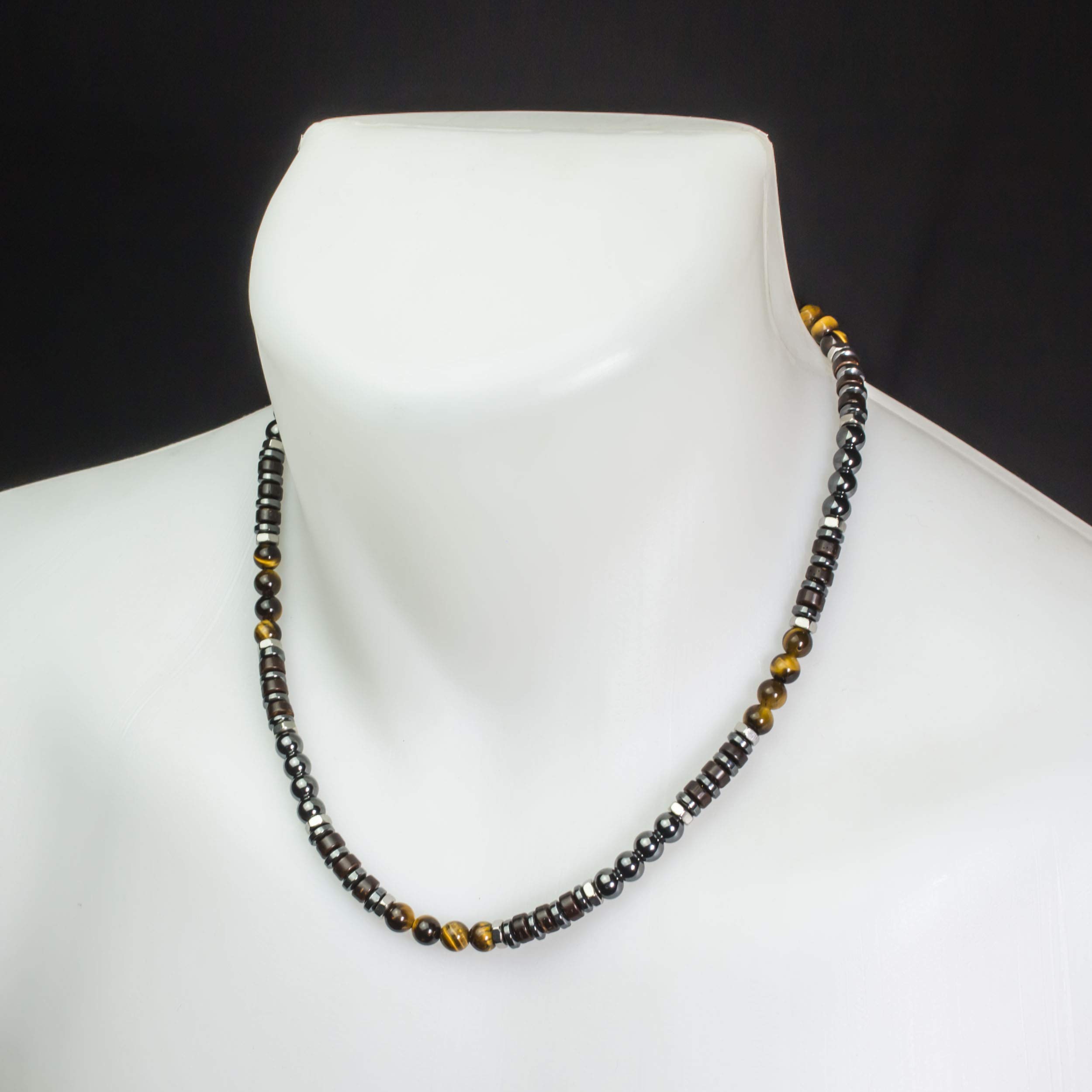Sublime Collier Homme perles Ø6mm pierre Naturelle Œil de tigre bois coco hématite métal inoxydable couleur argent style tibétaine COLLITRION