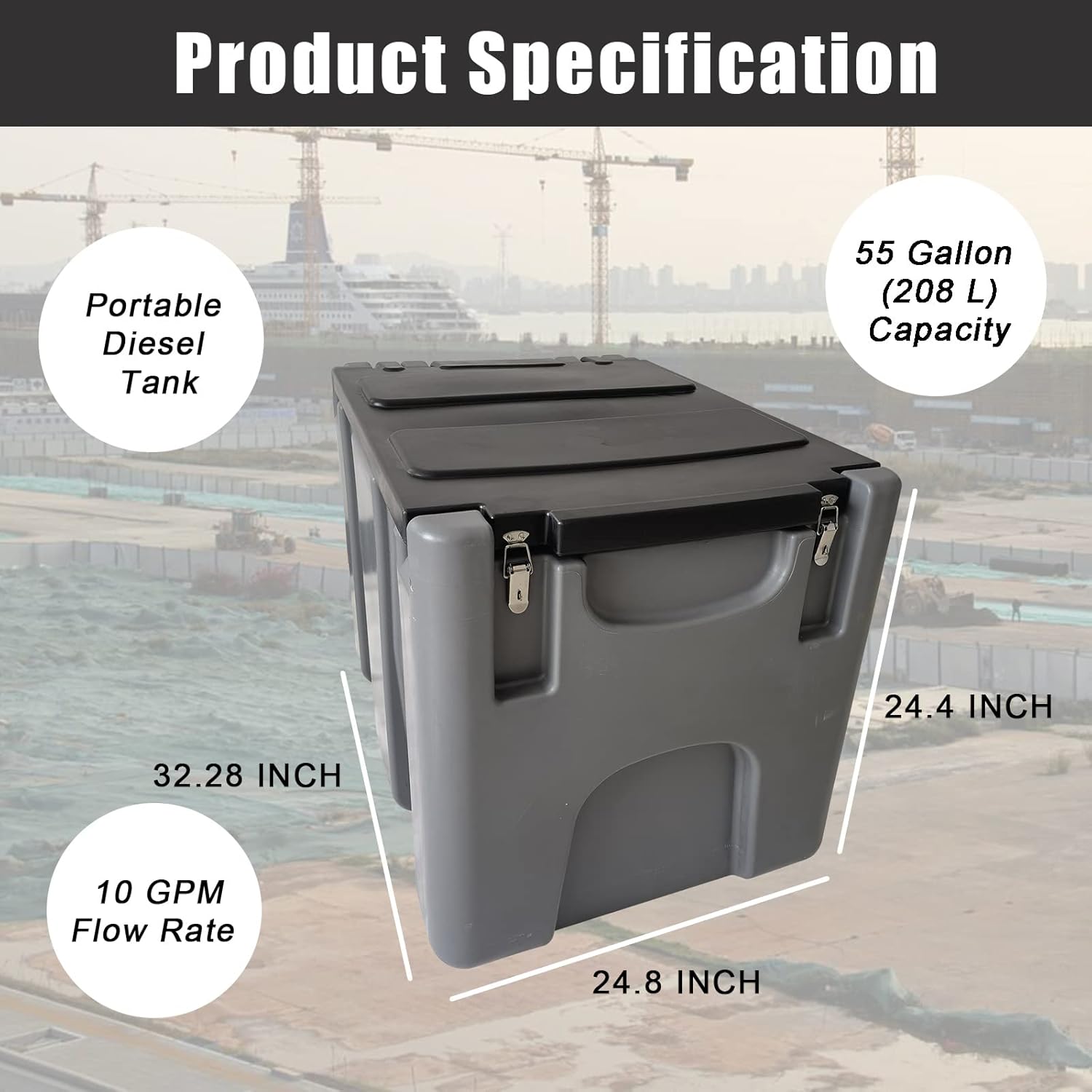 55 Gallon (208 L) Portable Diesel Tank, 10 GPM Flow Rate 12V Electric Transfer Pump with Battery Clamps, 13 ft Electric Wire and a Lockable Cover