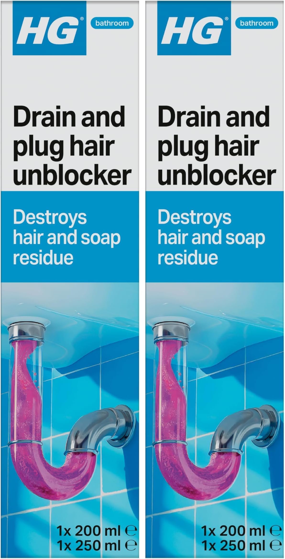 HG Drain and Plug Hair Unblocker, Removes Hair from Showers, Baths, Sinks & Plug Holes, Unblocks Blocked Bathroom Pipes & Drains Quickly & Easily (200 ml + 250 ml) - 667045106 (Pack of 2)