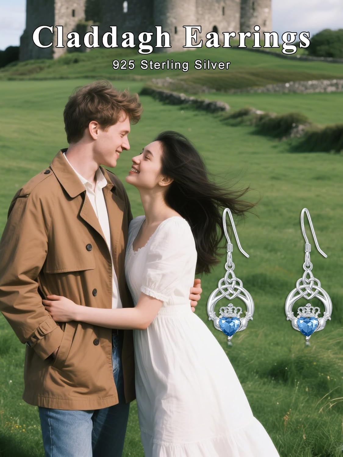 Seiyang Celtic Claddagh Earring 925 Sterling Silver Irish Claddagh Dangle Drop Earrings with 12 Months Birthstone Celtic Irish Lucky Jewelry Gifts for Women