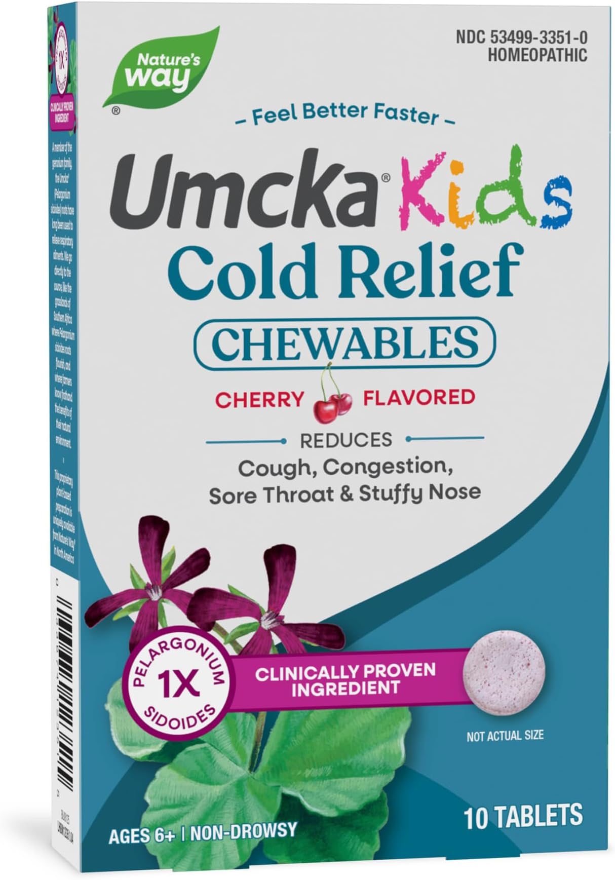 Nature's Way Umcka Kids Cold Relief Chewables, Homeopathic Cold Medicine and Remedy, Shortens & Reduces Severity of Cough, Congestion & Sore Throat for Children Ages 6+, Cherry Flavored, 10 Count