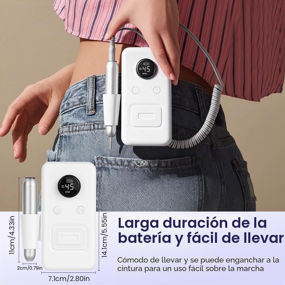 Torno para Uñas Profesional 30000 RPM, Torno para Uñas Portátil Recargable, Tor-no Uñ-as Taladro Eléctrico con 6 Brocas, Velocidad Ajustable, para Gel o Acrilicas para Hogar y Salón （Blanco）