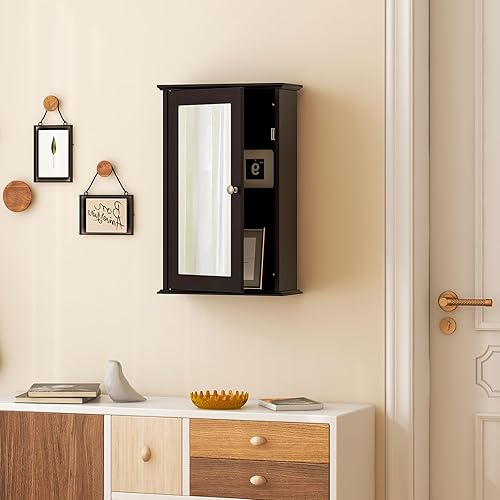 Miniatura 5 de Tangkula Botiquín de baño con espejo, armario de almacenamiento de puerta de espejo único montado en la pared con estante ajustable, gabinete de