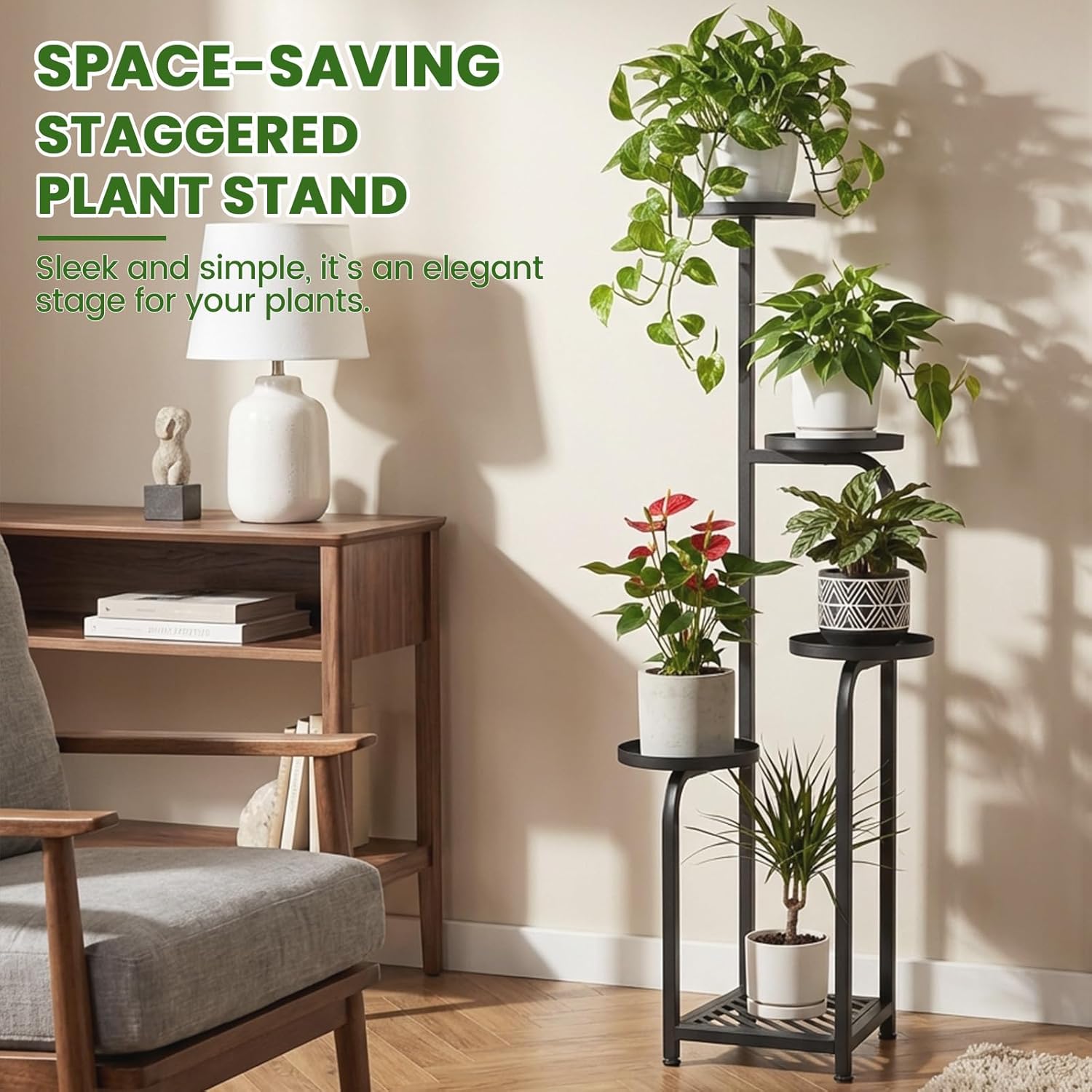 TOSKING 5 Tier Tall Plant Stand Indoor Outdoor,Anti-Tip Plant Stand indoor, Wide Base for Pots, Child and Pet Friendly,Heavy Duty Corner Shelf for Plants & Decor, Space Saving ,Tiered Metal Flower Pot Stand for Balcony, Garden, Living Room, Patio (Black, 47in)